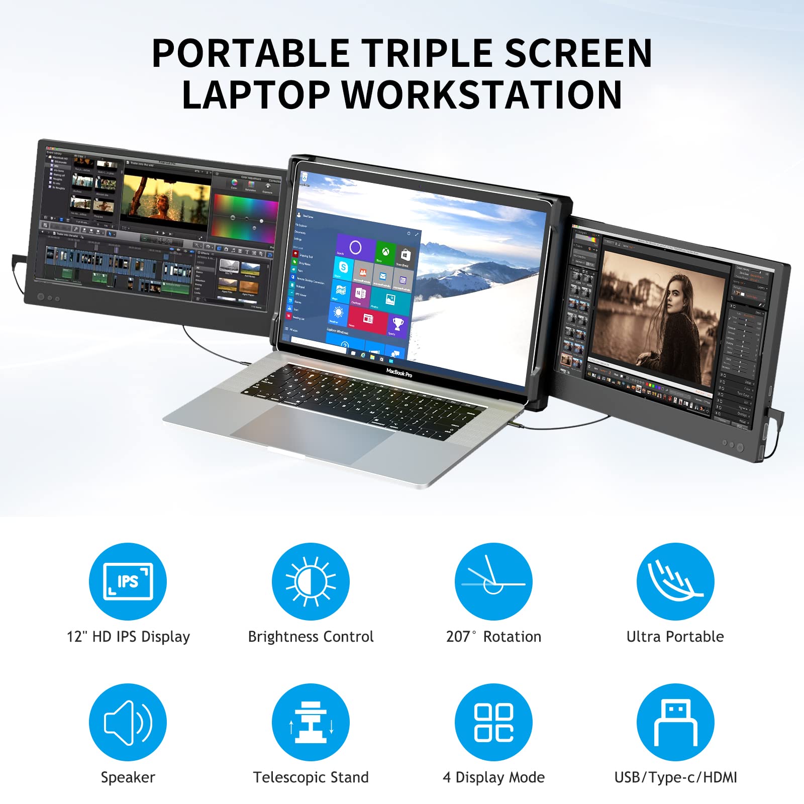 Alecewey P2 Triple Portable Monitor for Laptop - 12 Inch FHD 1080P IPS Display with USB-C/HDMI Ports, Built-in Speakers - Compatible with Mac, Windows, Phone (13-16 Inch) - Perfect for Office Work, Gaming & Multi-Tasking