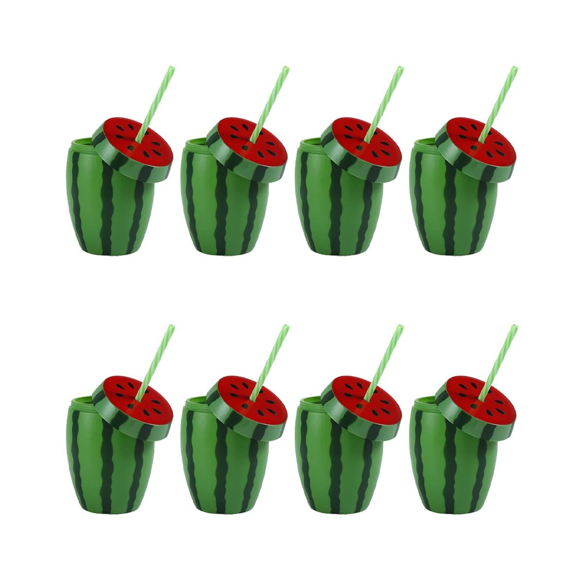 Hawaiian Party Cups Set - 8pcs Plastic Watermelon Cups with Straws for Luau, Summer & Pool Parties | Tropical Drinkware for Beach Themed Events, BBQs & Kids Birthday Celebrations