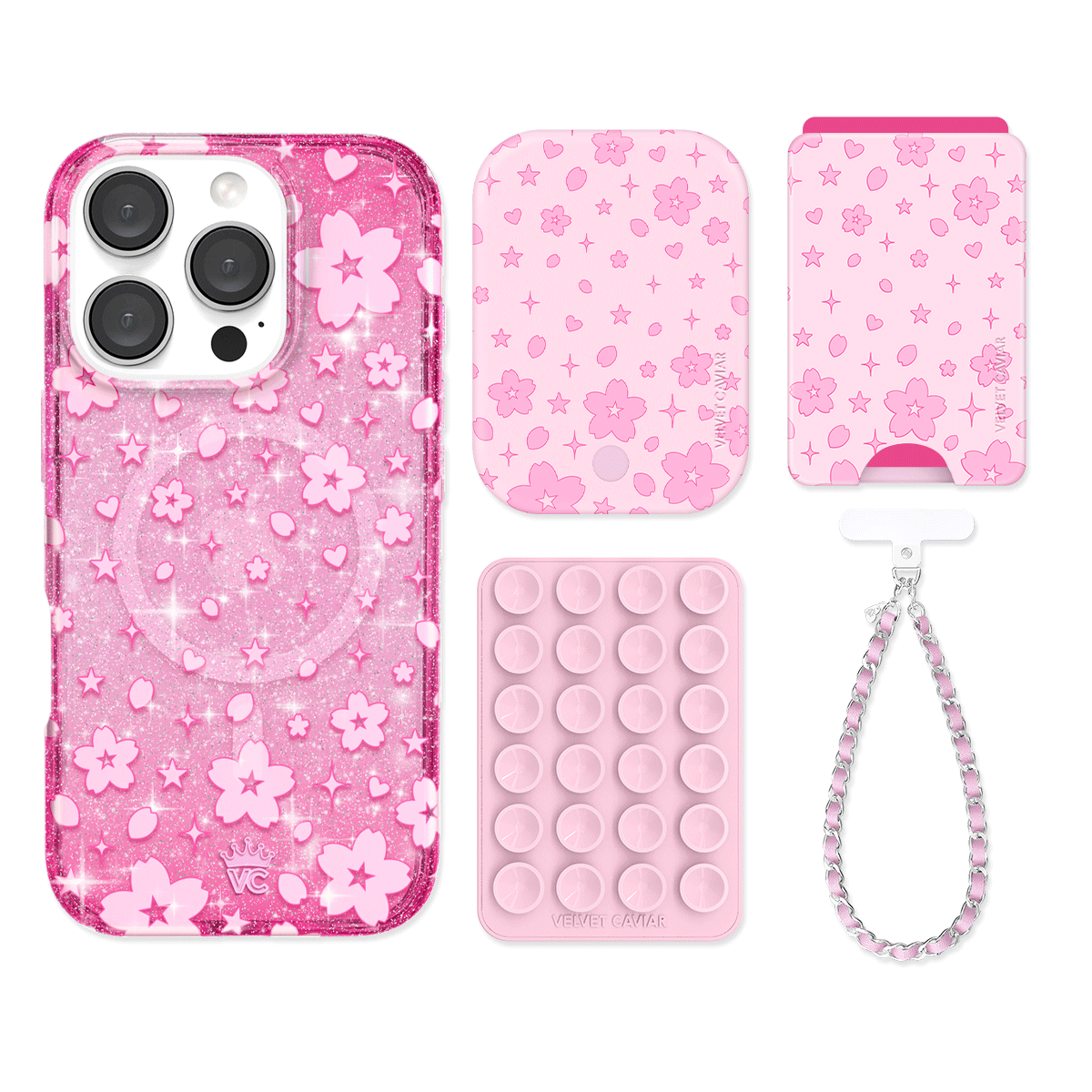 Cherry Blossom Glitter iPhone Case with Wallet - Cute Floral Phone Cover & Card Holder for Women - Perfect for Spring Outfits, Travel, and Everyday Use
