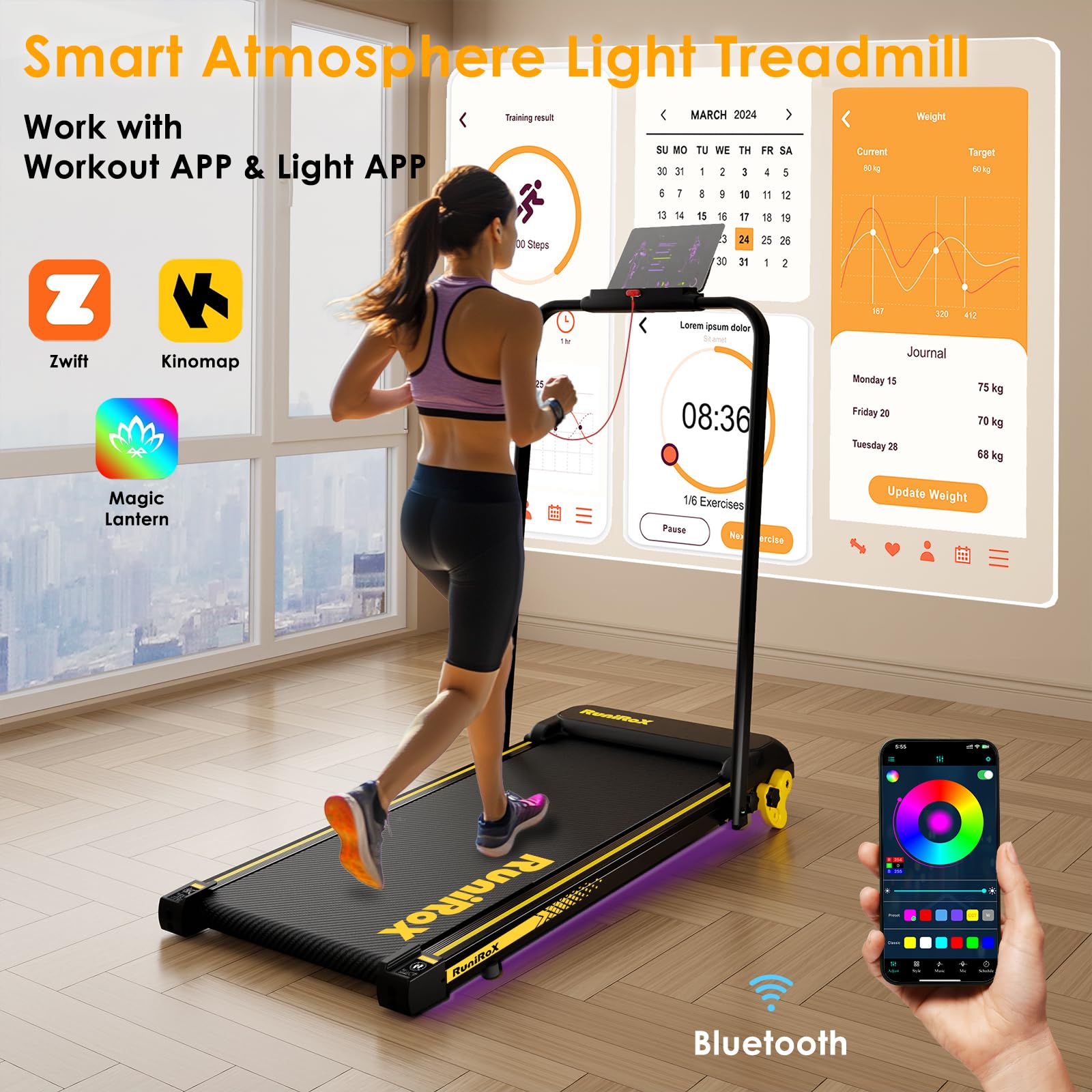 3 in 1 Folding Walking Pad Treadmill with Incline & LED Lights - Under Desk Treadmill for Home Office, Portable Treadmill with Smart APP Control & LED Display - Perfect for Small Spaces, Work from Home & Apartment Workouts