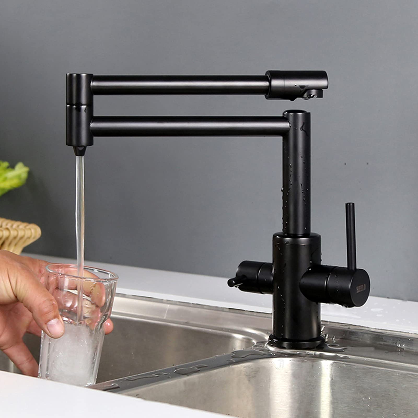 Black Kitchen Sink Faucet with Drinking Water Spout | Retractable Pot Filler Faucet with Dual Swing Arm | Brass Dual Handle Hot & Cold Water Mixer Tap | Perfect for Modern Kitchens, Cooking & Dishwashing