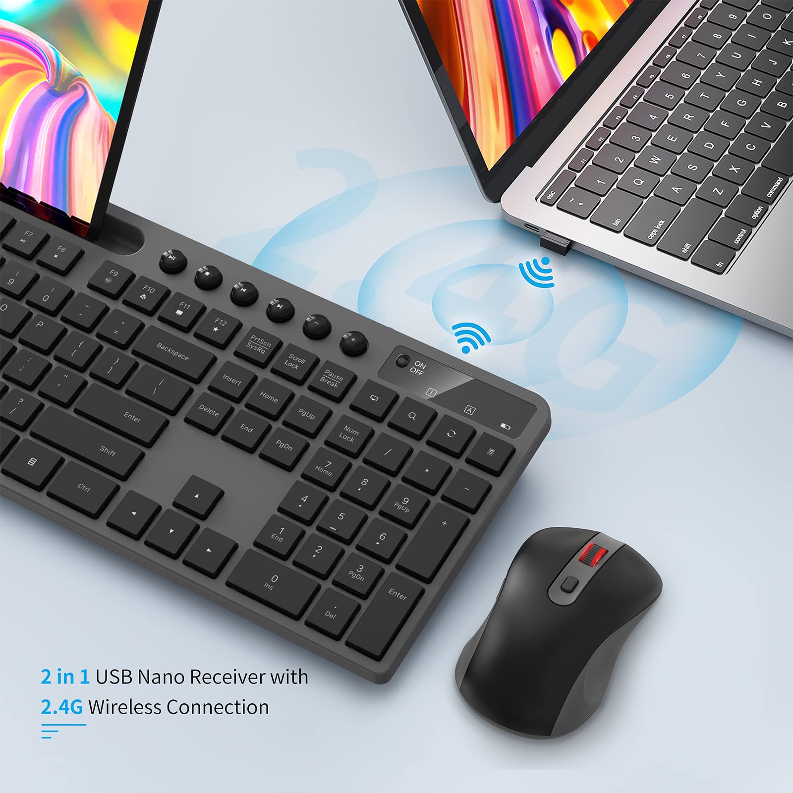 MARVO 2.4G Wireless Keyboard and Mouse Combo - Ergonomic Design with Silent 6-Button Mouse & Phone/Tablet Holder - Compatible with MacBook & Windows PC (Grey) - Perfect for Home Office, Gaming & Remote Work