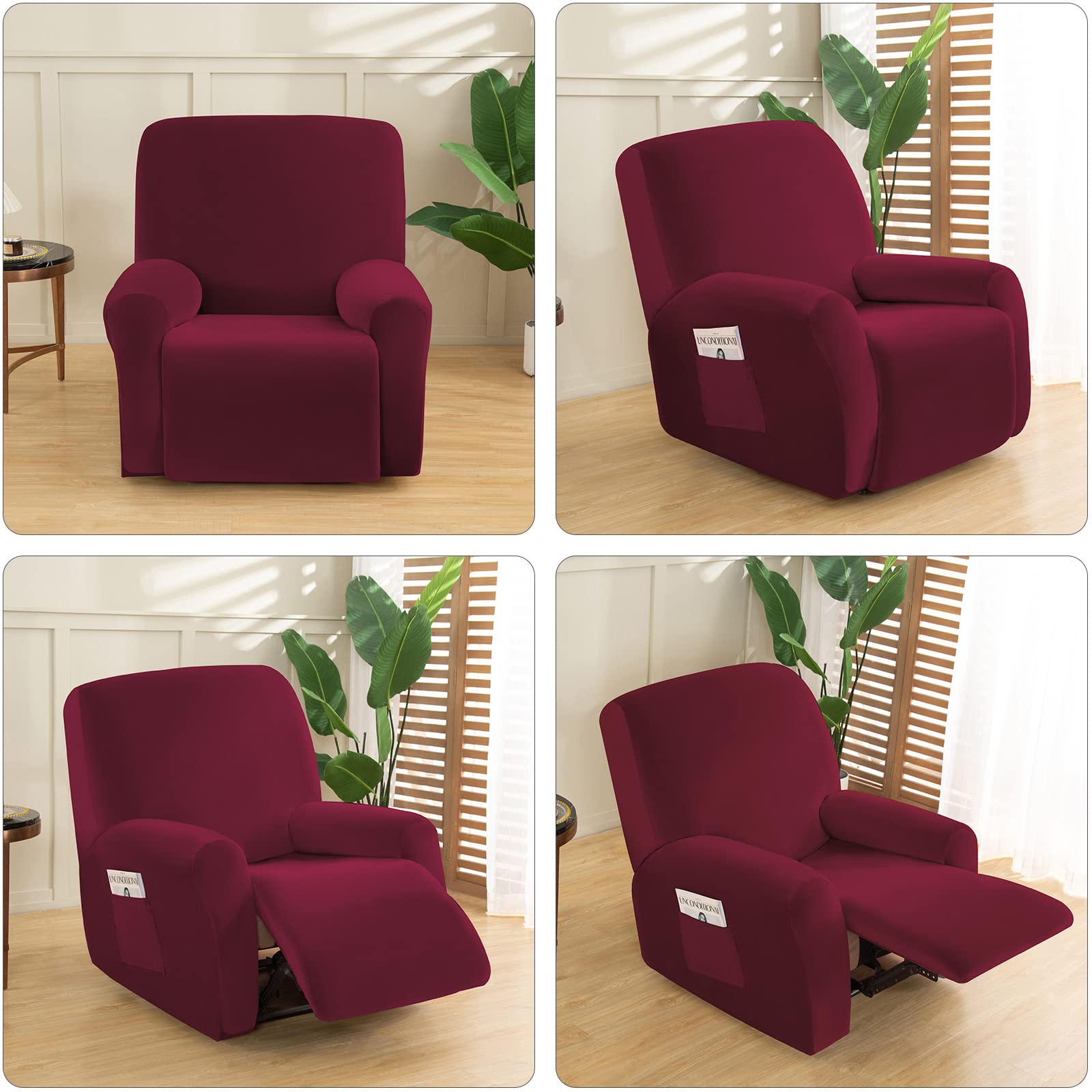 MIFXIN 4-Piece Velvet Stretch Recliner Cover - Soft Thick Elastic Slipcover for 1-Seat Reclining Sofa & Chair, Washable Anti-Slip Furniture Protector for Living Room, Home Theater (Red) - Perfect for Homes with Kids & Pets