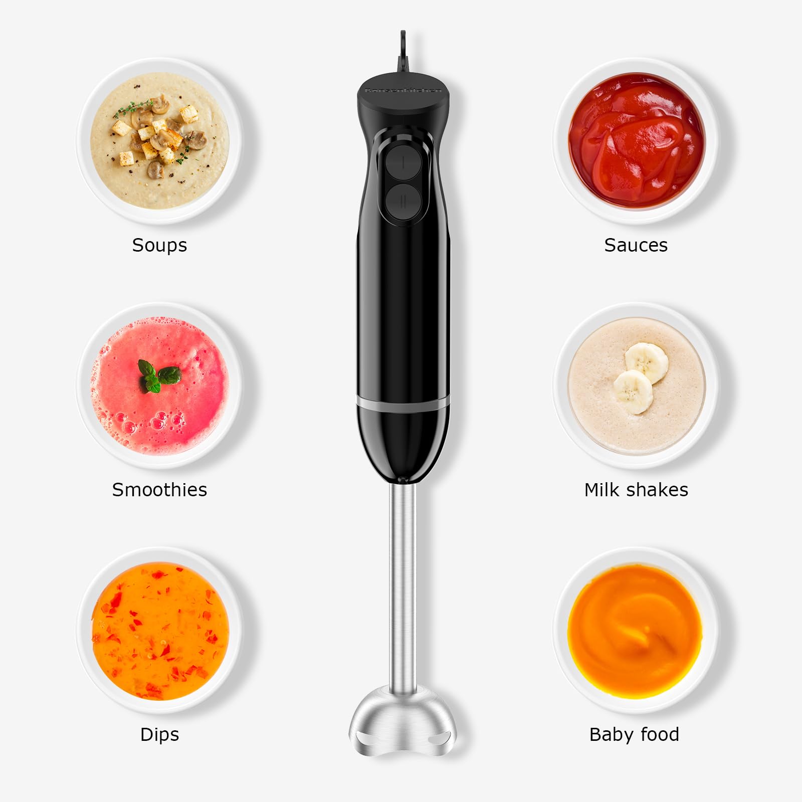 Bonsenkitchen Immersion Hand Blender - 2-Speed Electric Stick Mixer with Stainless Steel Blades for Smoothies, Soups, Purees & Baby Food - Perfect for Kitchen, Baby Food Prep & Healthy Blending at Home