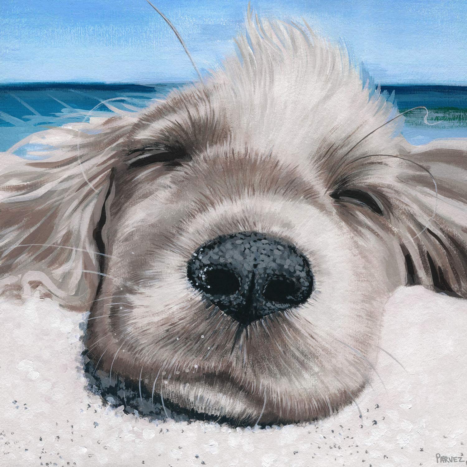 Parvez Taj Relaxing Dog Painting Print on Wrapped Canvas 18x18 - Handmade Wall Art for Living Room, Bedroom & Office Decor - Perfect Gift for Dog Lovers