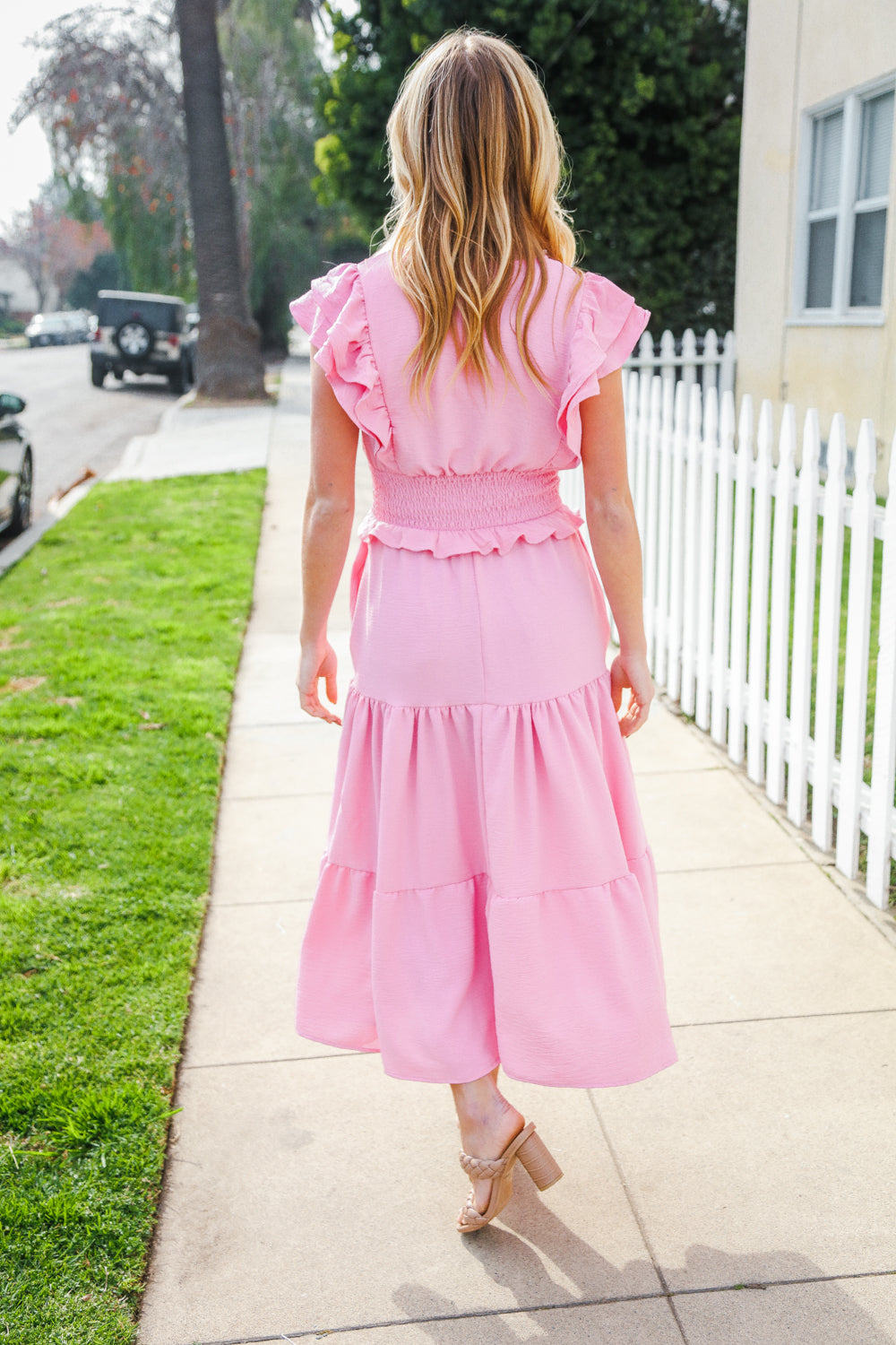 Elegant Pink Double Flutter Sleeve Smocked Waist Maxi Dress for Women | Summer Beach Wedding Party Dress