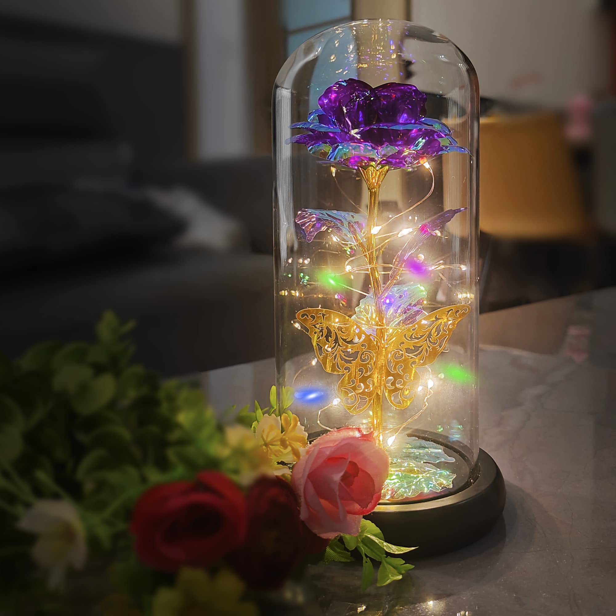 Beautiful Purple Preserved Rose in Glass Dome - Long Lasting LED Flower Gift for Women, Mom, Grandma | Unique Birthday, Anniversary & Valentine's Day Present | Romantic Home Decor & Special Occasion Gift