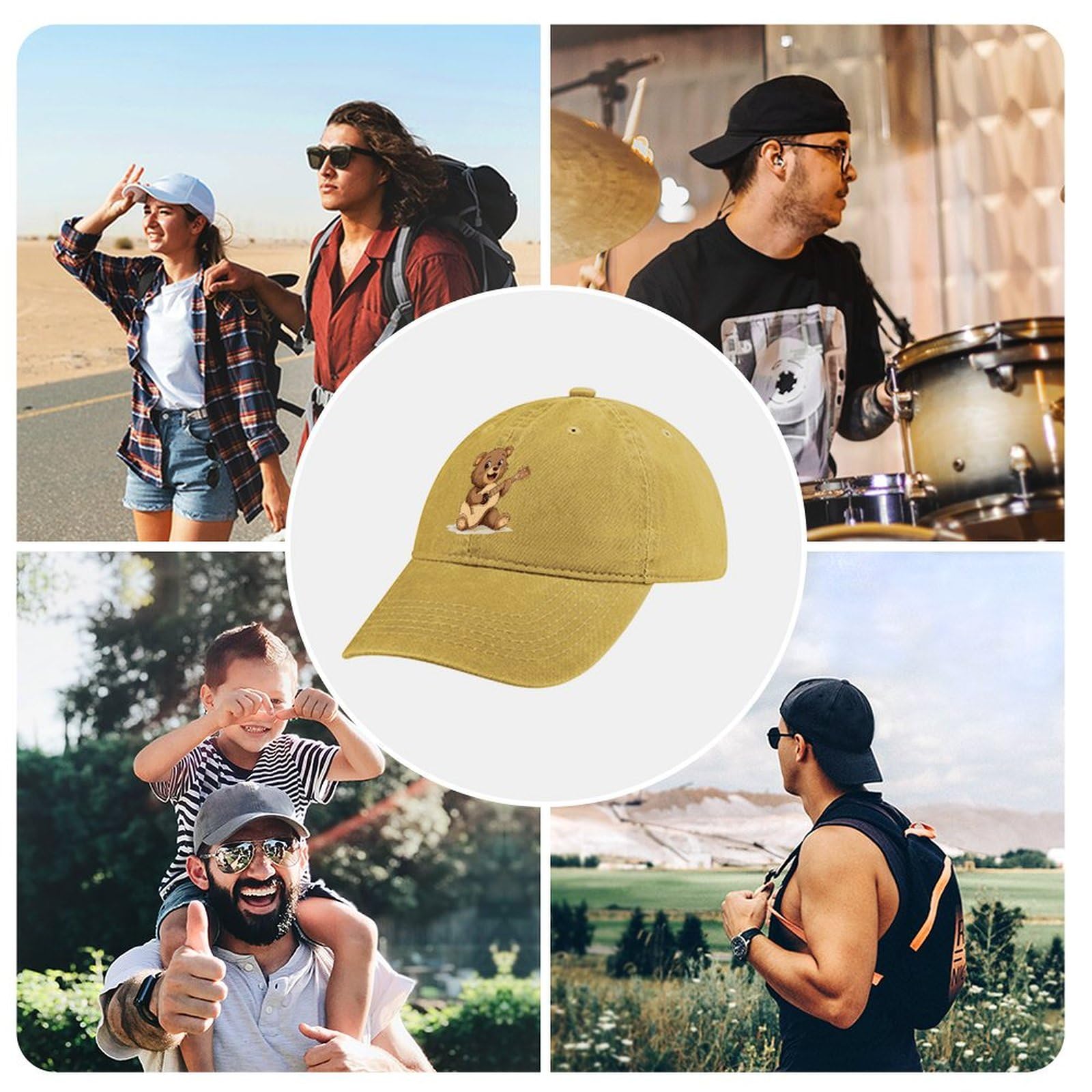 Vintage Denim Trucker Hat with Cute Bear Ukulele Design - Baseball Cap for Men & Women - Perfect for Golf, Gaming, and Casual Wear