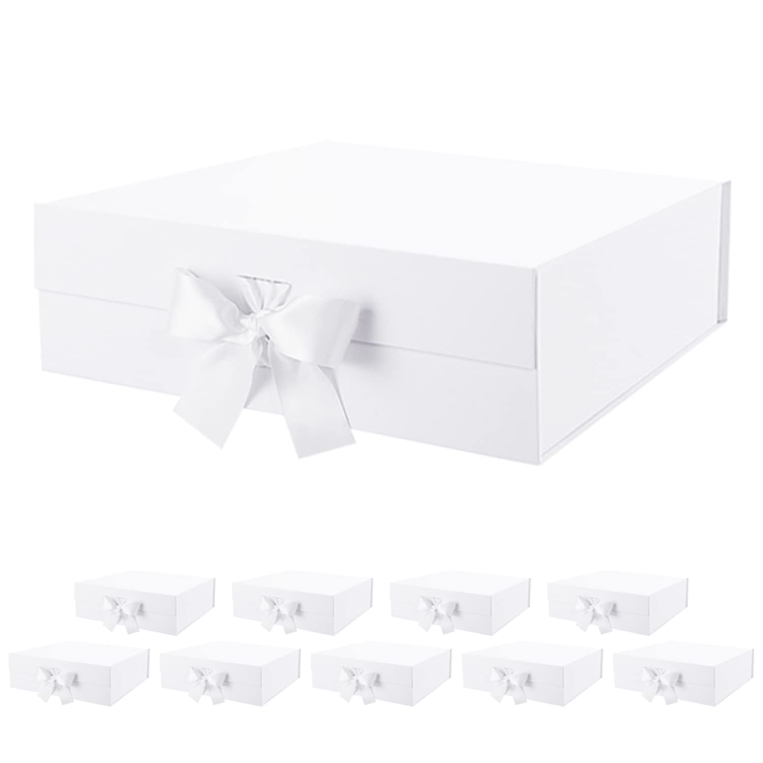 PACKQUEEN 10 Magnetic Gift Boxes with Ribbon & Lid - 13.5x9x4.1 Inches Matte White - Perfect for Bridesmaid Proposals, Wedding Favors, Birthday Gifts & Special Occasions