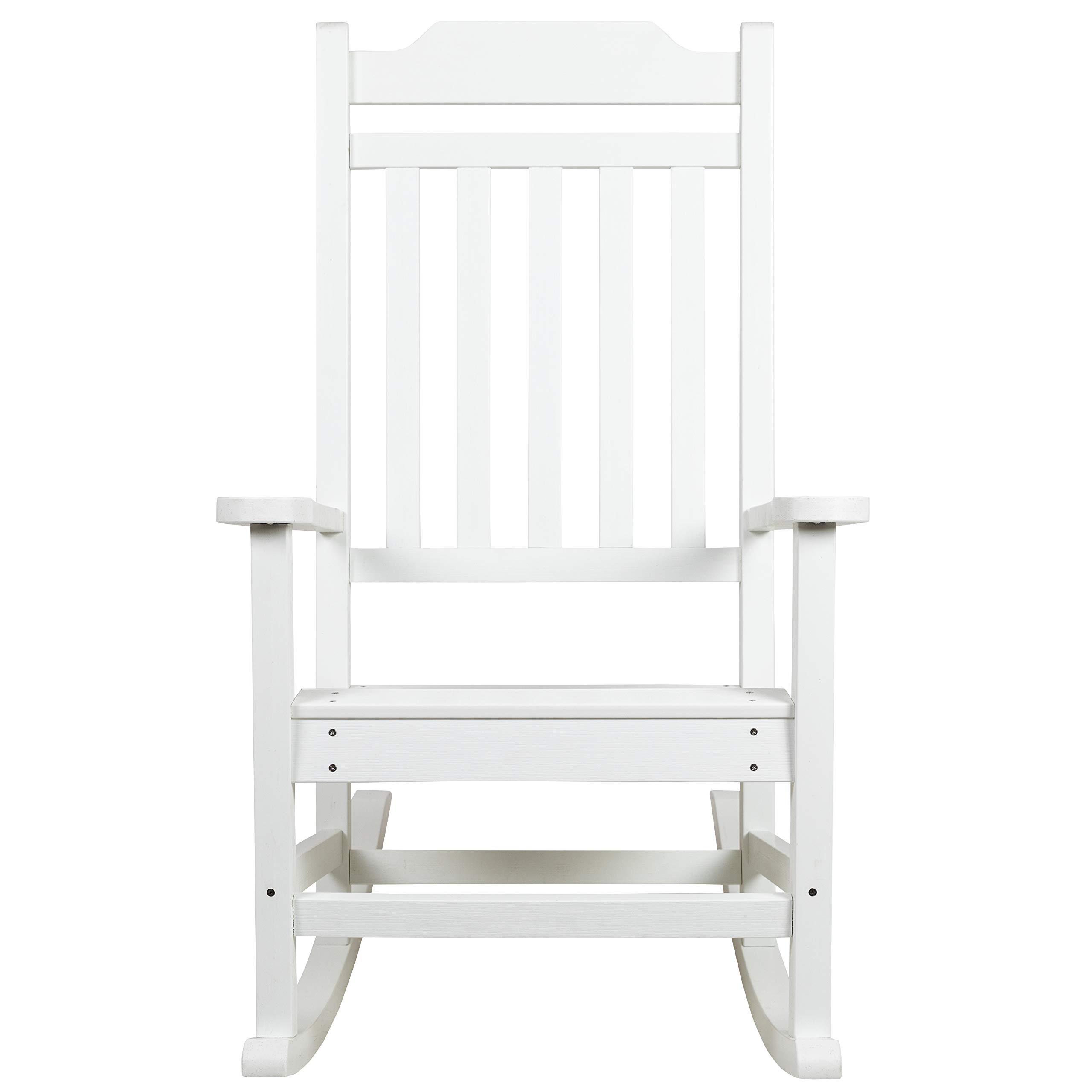 EMMA + OLIVER Set of 2 All-Weather White Poly Resin Rocking Chairs - Faux Wood Outdoor Patio Furniture for Garden, Porch & Backyard Relaxation