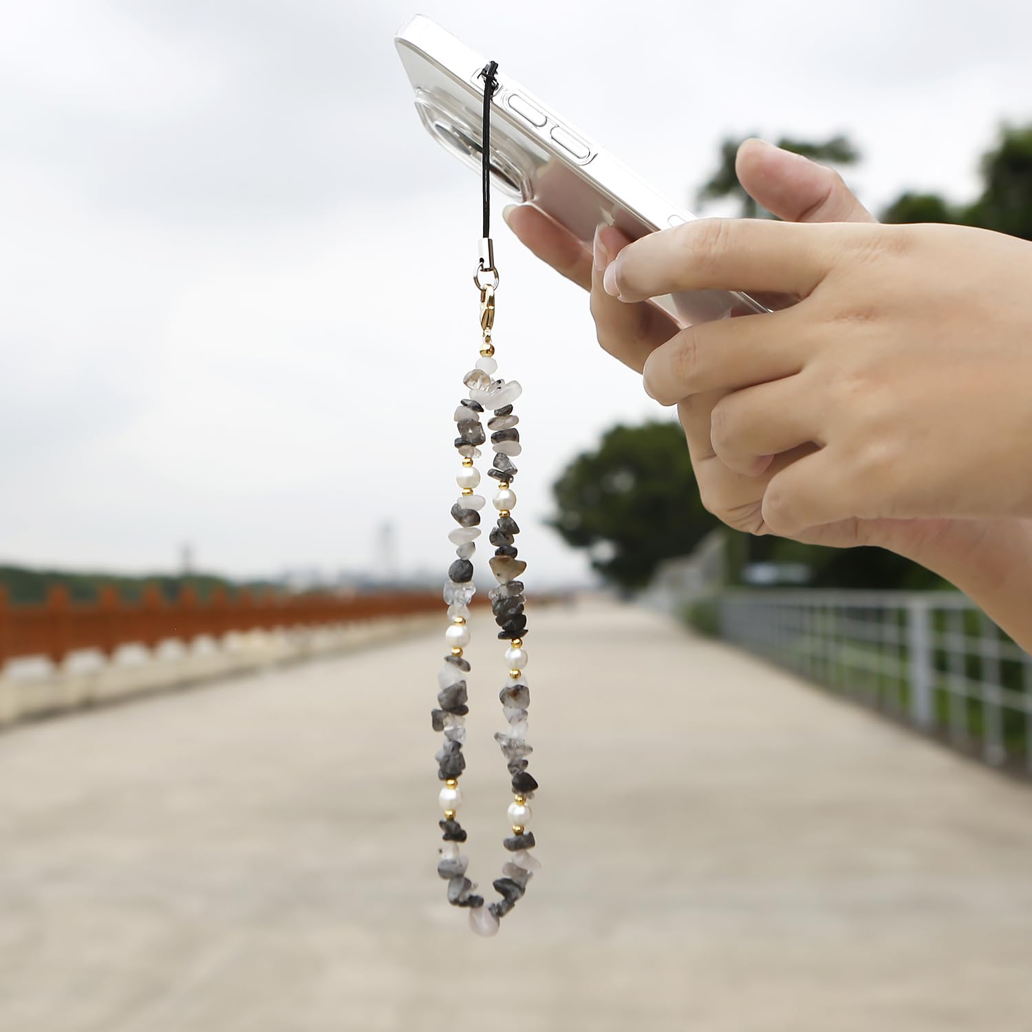 Natural Gemstone Beaded Phone Wrist Strap & Lanyard - Elegant Cell Phone Charm for Women & Girls (Black) | Perfect for Phone Security & Fashion Accessory at Work, Travel or Daily Use