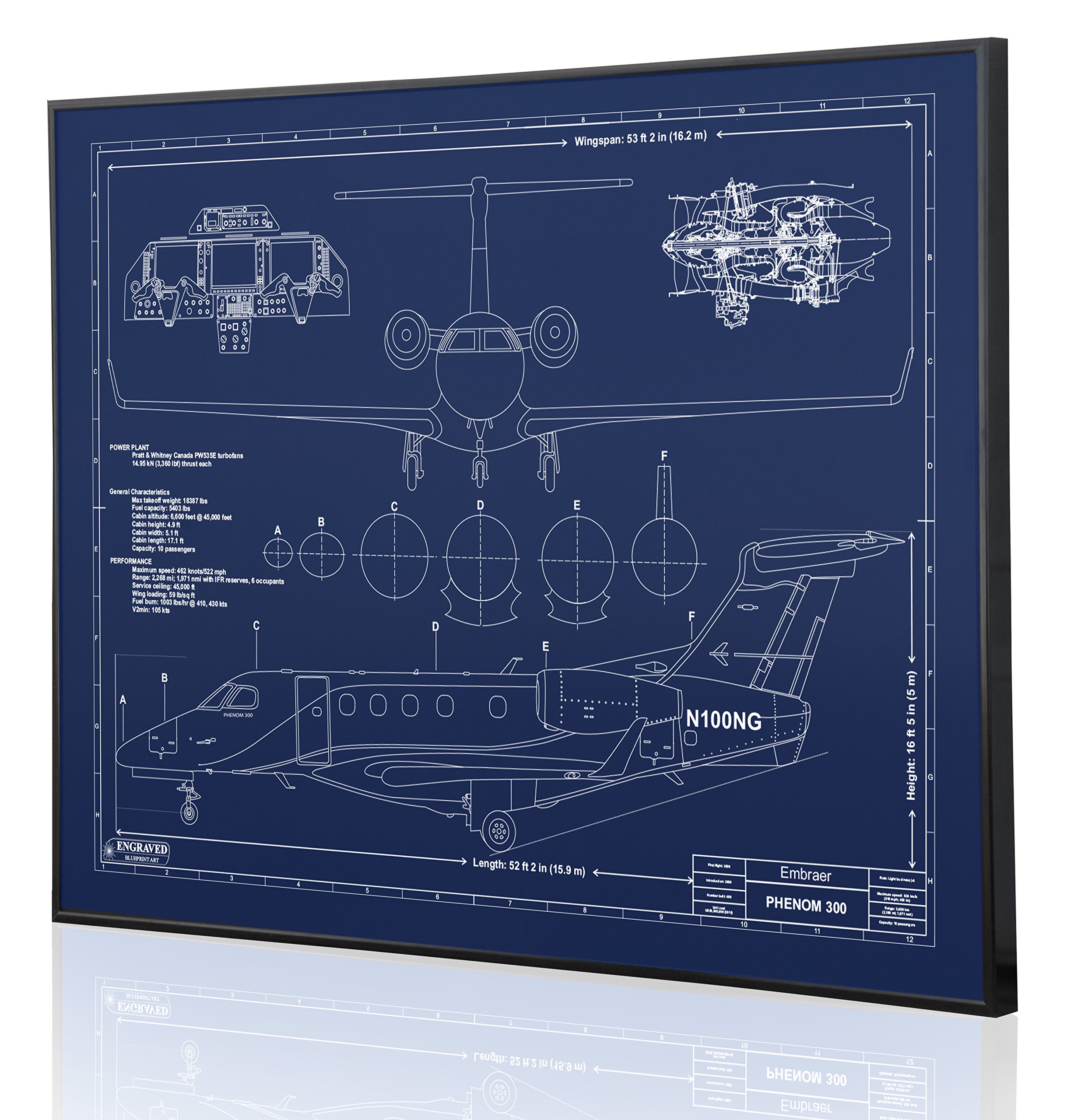 Embraer Phenom 300 Blueprint Wall Art - Laser Engraved Personalized Aviation Gift for Pilots - Perfect for Home Office Decor & Pilot Appreciation Gifts
