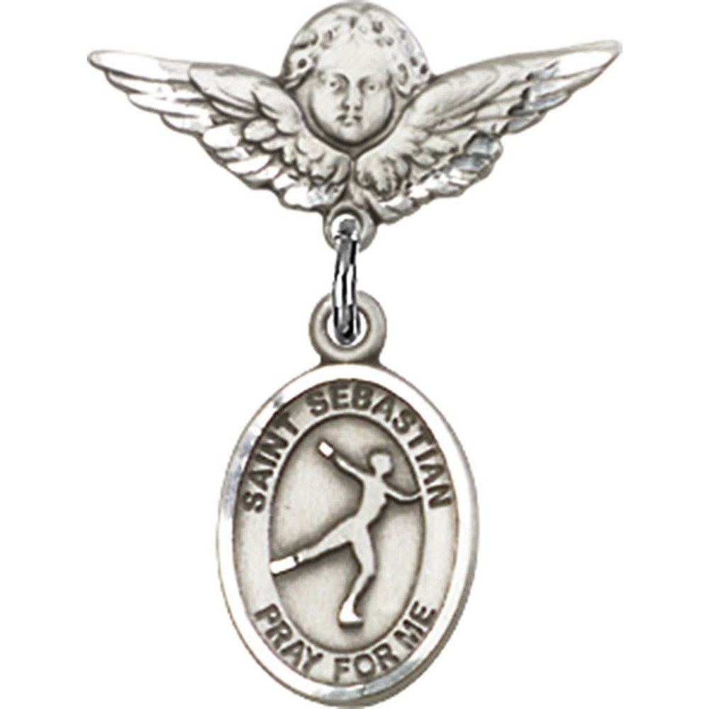 Sterling Silver Baby Badge with St. Sebastian Charm, Figure Skating Charm & Angel Wing Pin - 7/8