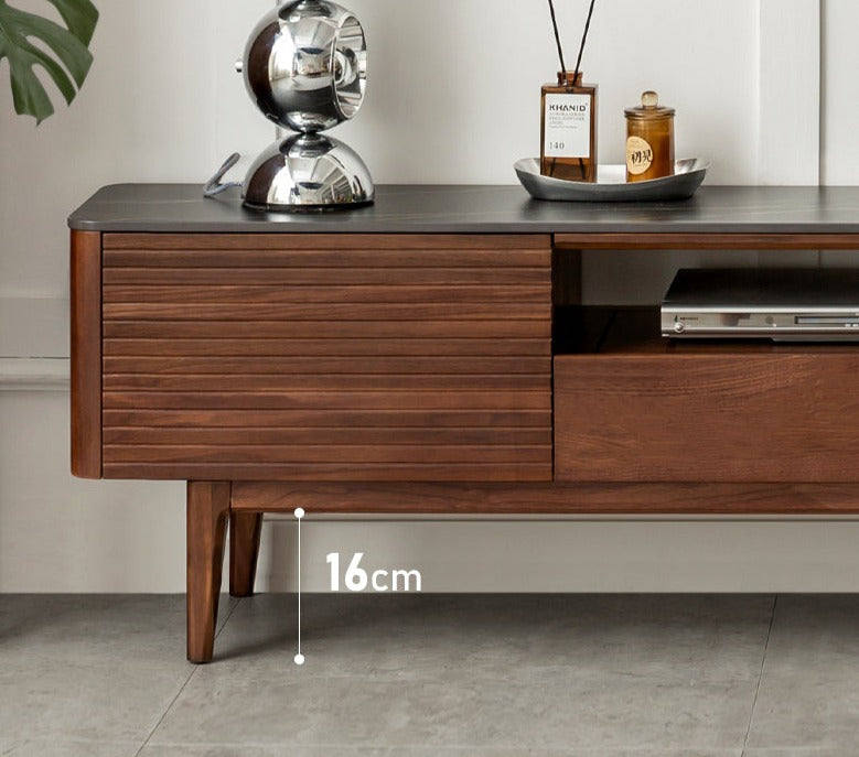 Black Walnut Solid Wood TV Stand with Slate Top - Rustic Modern Entertainment Center for Living Room, Bedroom & Home Theater