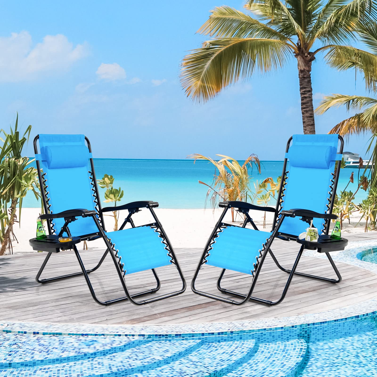 Tangkula Zero Gravity Chair - Adjustable Folding Outdoor Lounge Chair with Cup Holder & Wide Armrests, Supports 350 lbs - Perfect for Patio, Garden, Poolside, Beach & Backyard Relaxation (Blue)