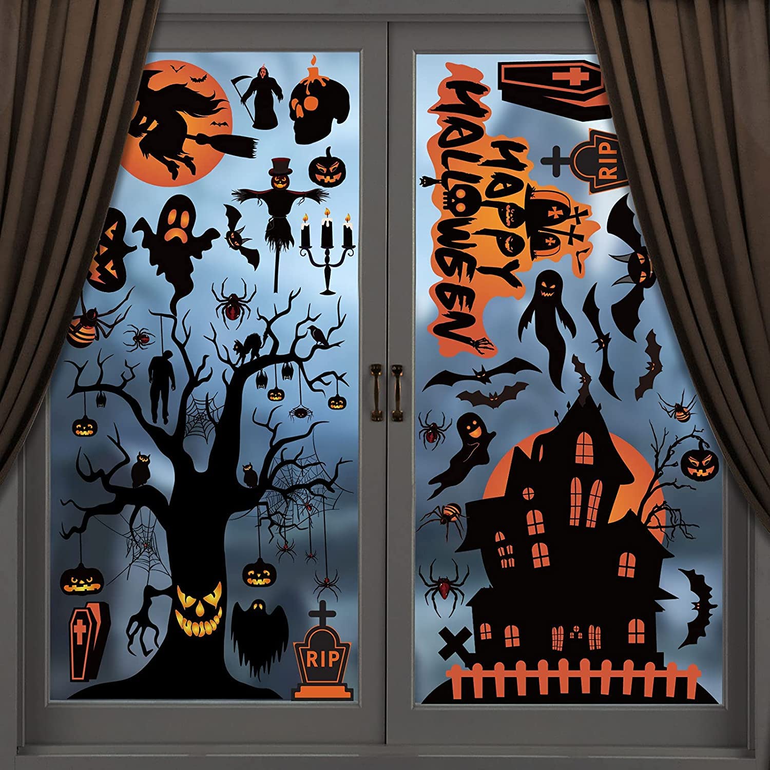 98pcs Halloween Window Stickers - 8 Sheets of Double-Sided Bats & Spiders Window Clings for Halloween Party Decorations | Perfect for Home, Office, Classroom & Haunted House Decor