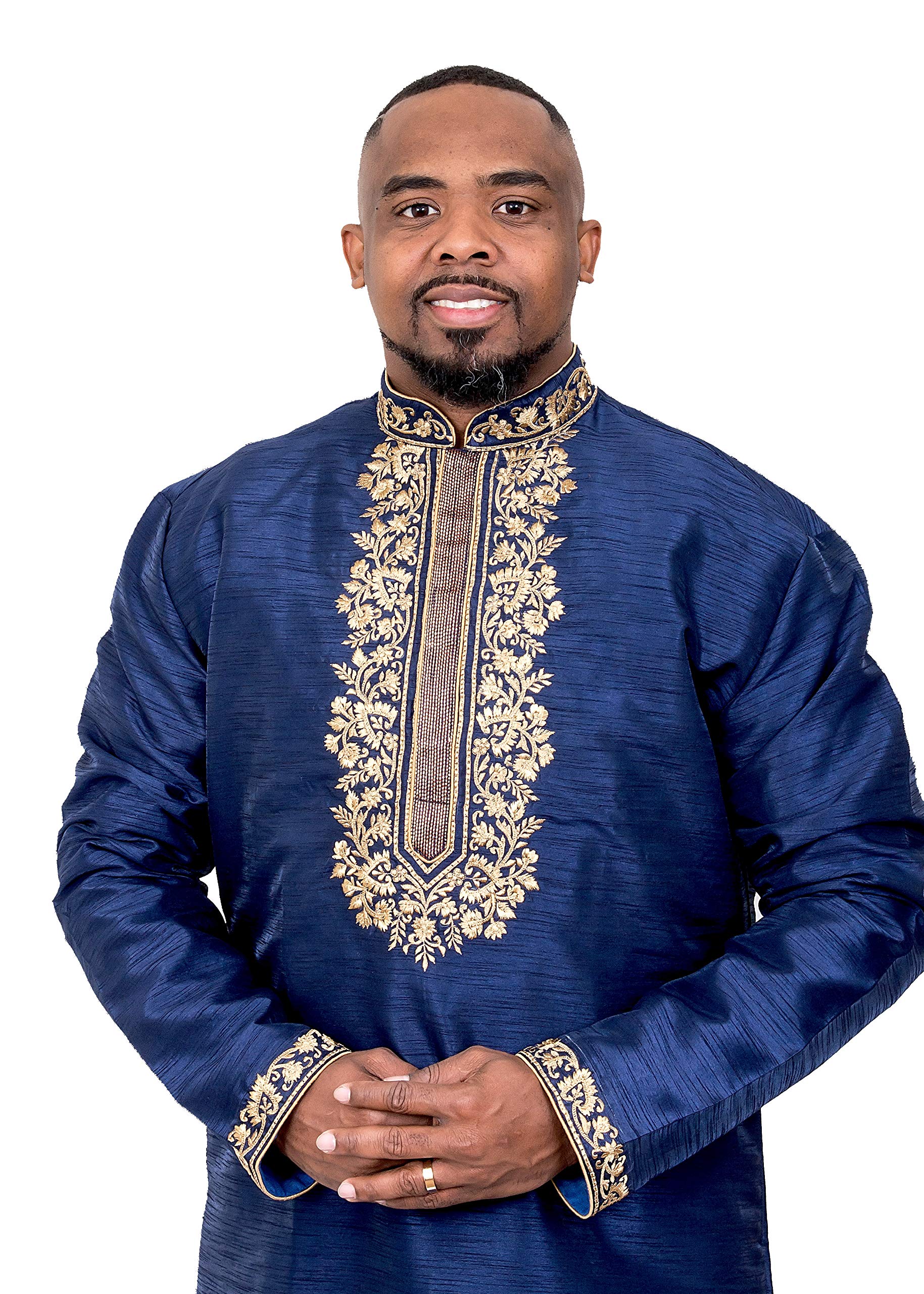 Exotic Embroidered Clergy Kurta for Men - Stylish Neck Design Style 7455 in Blue & Gold (Size 44) | Perfect for Religious Ceremonies, Festivals & Cultural Events