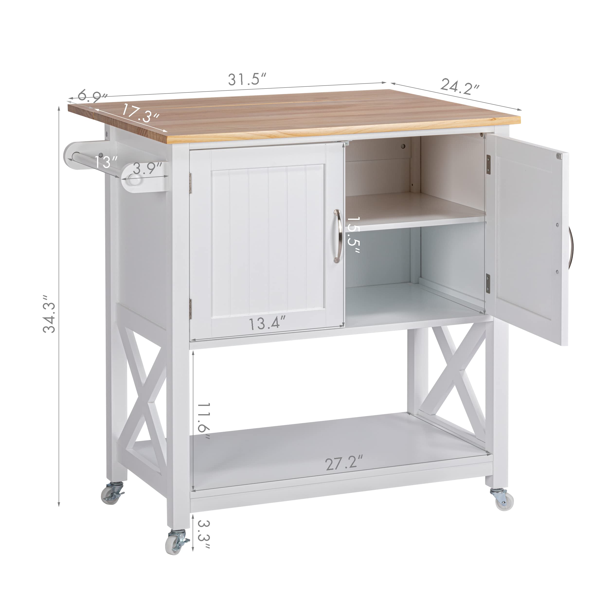 Spirich Kitchen Island on Wheels with Storage Cabinet - White Rolling Kitchen Cart with Drop Leaf & Towel Rack | Portable Mobile Workstation for Small Kitchens, Dining Rooms & Apartments | Perfect for Food Prep, Extra Counter Space & Storage Organization
