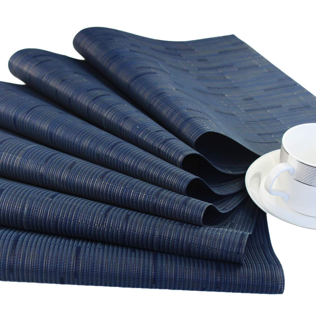 Washable Vinyl Placemats Set of 4 - Navy Blue Woven Table Mats for Dining, Kitchen & Outdoor Use - Easy to Clean & Durable Tableware Decor