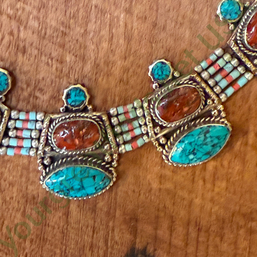 Handmade Tibetan Alpaca Silver Necklace with Turquoise & Coral Beads – Elegant Boho Jewelry for Women, Perfect for Festivals, Weddings & Special Occasions