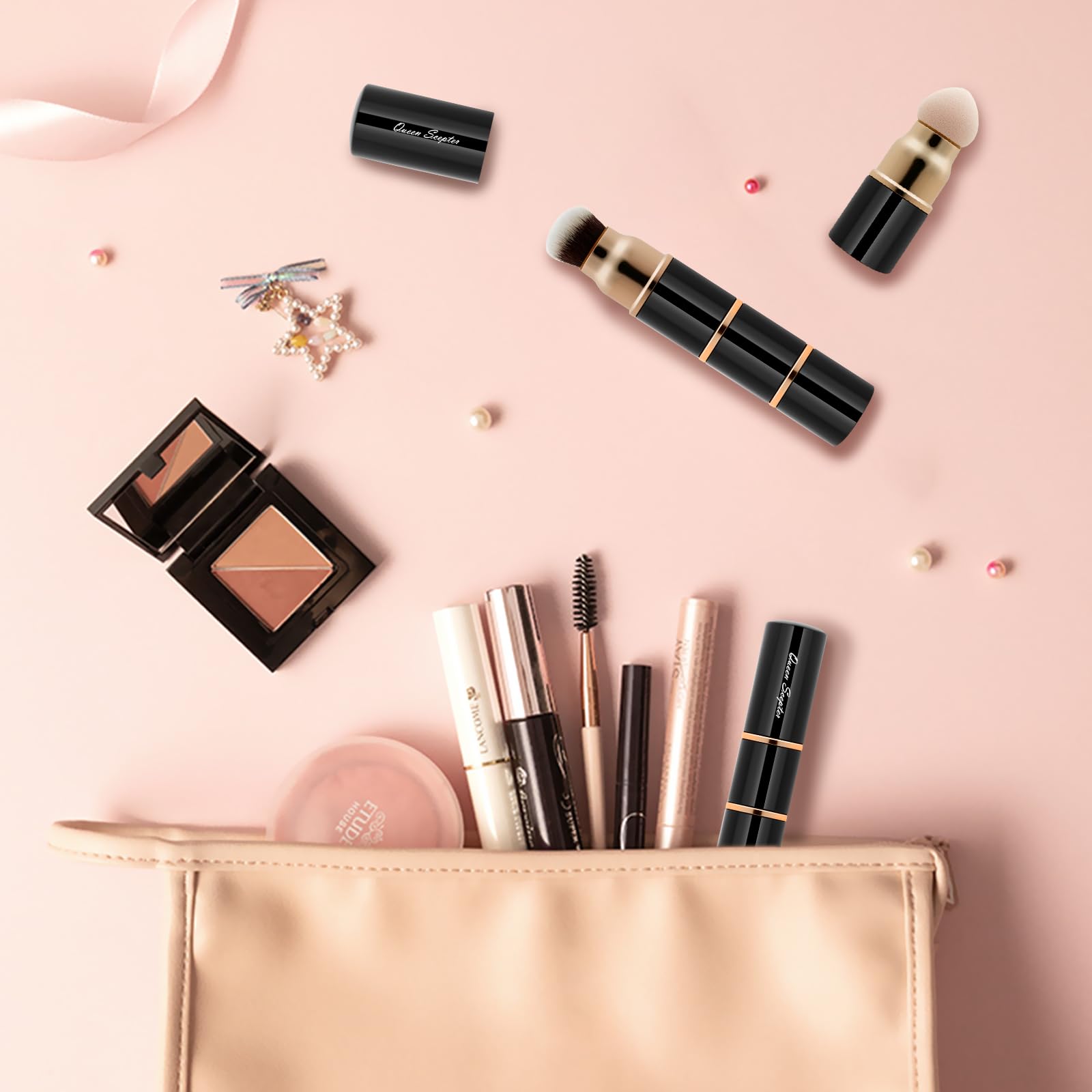 3-in-1 Professional Makeup Brush Set - Kabuki Foundation Brush, Blush Brush & Powder Sponge for Liquid, Cream & Powder Cosmetics | Travel-Friendly with Protective Cap | Perfect for Everyday Makeup & On-the-Go Touch-Ups