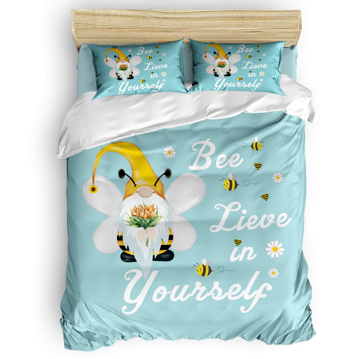 1998 Soft 4-Piece Gnome Bee Sunflower Daisy Duvet Cover Set | Luxury Bedding with Zipper Closure | Queen Size in Teal | Perfect for Kids, Teens & Adults Bedroom Decor | Cozy Home & Dorm Room Essentials