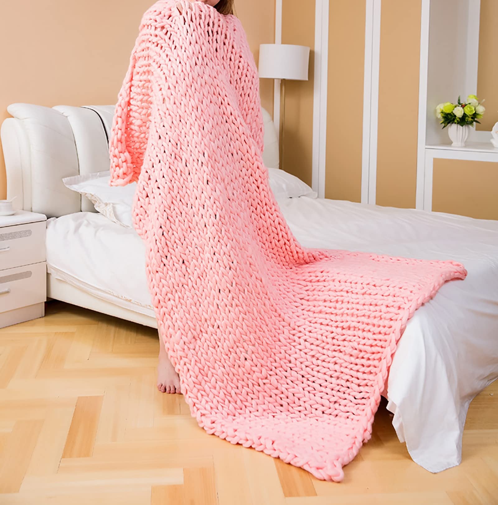 Chunky Knit Blanket - Extra Warm & Cozy Handmade Wool Throw Blanket for Couch, Bed, Sofa - Soft Knitted Bedspread for Home Decor (Pink, 80x100cm) - Perfect for Winter Nights, Living Room Lounging & Gift Giving
