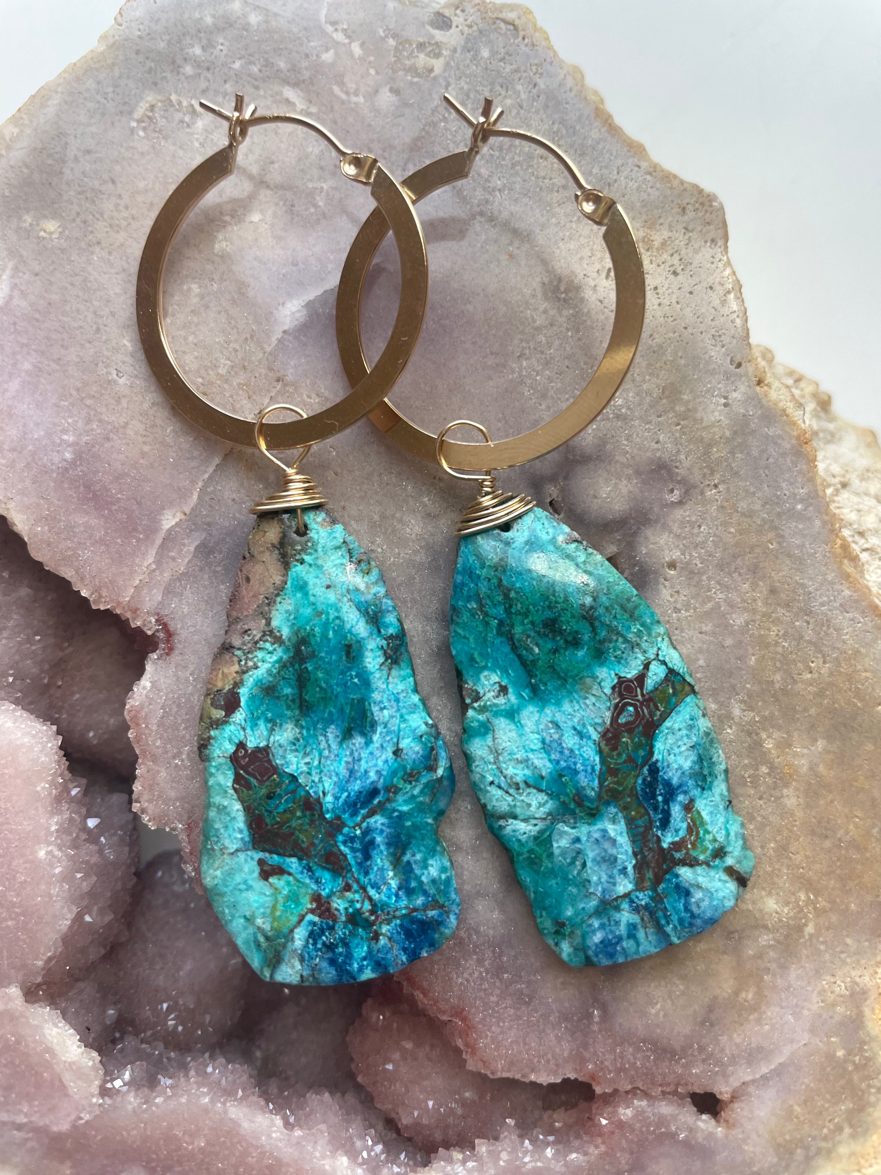 Extra Large Chrysocolla Gold Filled Statement Hoop Crystal Gemstone Earrings for Women | Elegant Boho Jewelry for Parties, Weddings & Special Occasions