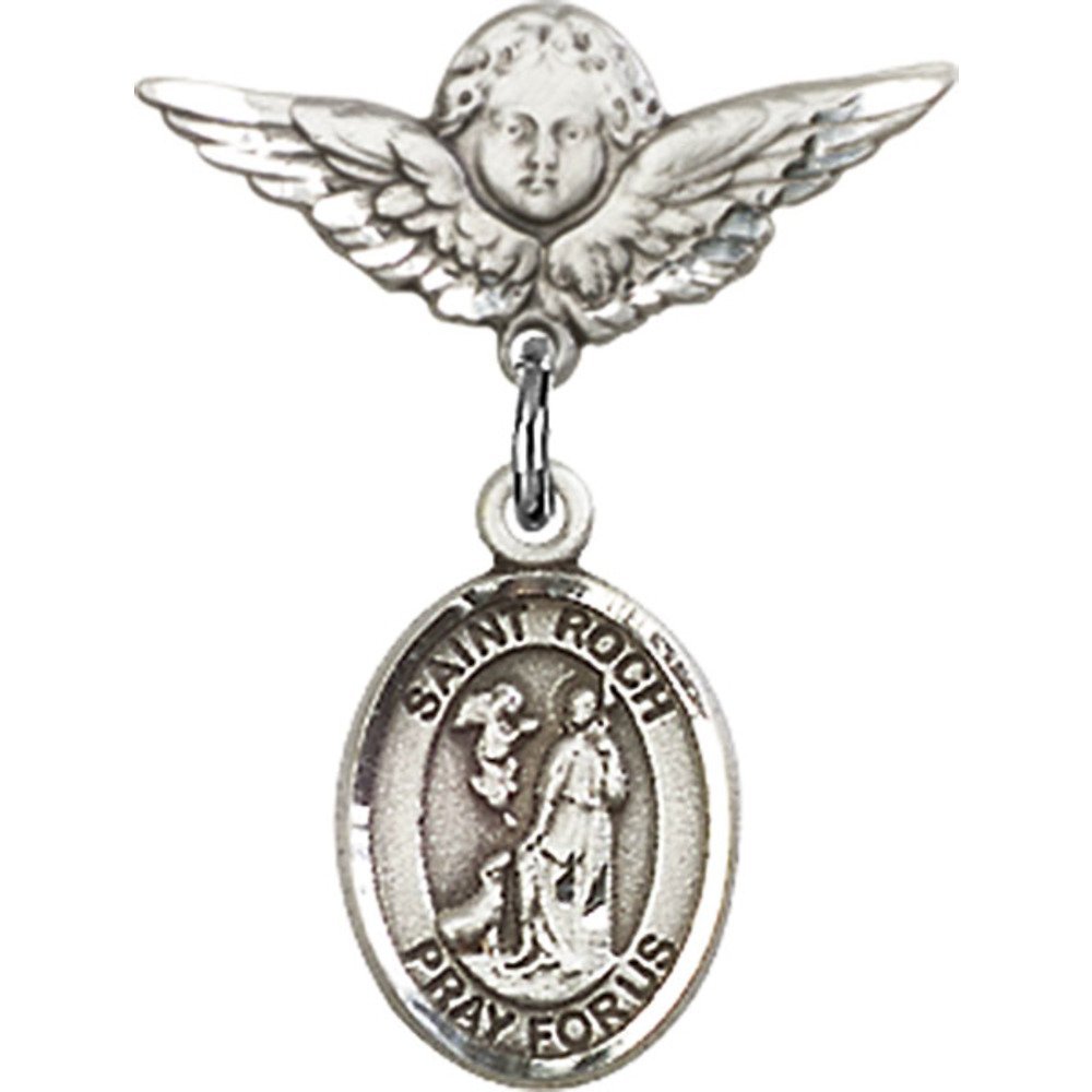 Sterling Silver Baby Badge with St. Roch Charm & Angel Wing Pin - 7/8