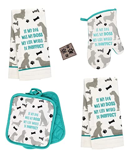 If My Dog Was My Boss My Life Would Be Pawfect - 5 Piece Kitchen Towel Set with 2 Dish Towels, 2 Pot Holders, Oven Mitt & Magnet - Teal Dog Lover Kitchen Gift Set for Dog Moms & Dads - Perfect for Cooking, Baking & Decorating in Dog-Themed Kitchens