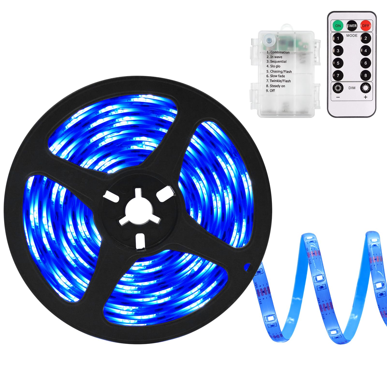 Echosari Blue LED Strip Lights - Waterproof, Battery Operated with Remote Control | 8 Lighting Modes, Dimmable, Timer Function | Self-Adhesive & Cuttable 3M 90-LED Light Strips for Indoor & Outdoor Decoration - Perfect for Bedrooms, Parties, Holidays & Home Decor