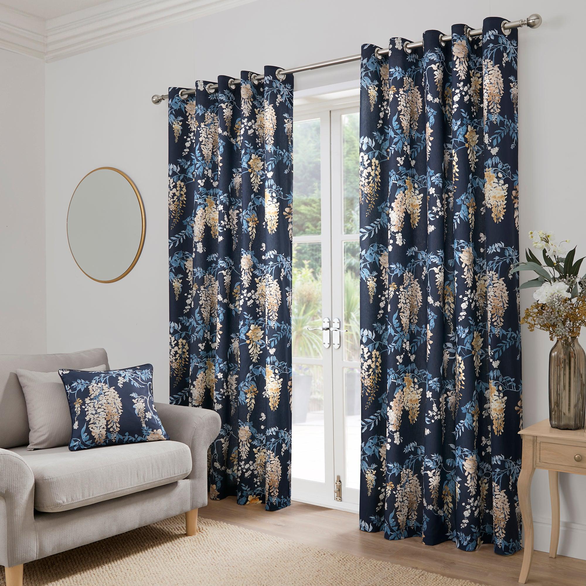 Dreams & Drapes Wisteria Floral Throw Pillow Cover - Navy Blue Decorative Cushion for Sofa, Bed, Living Room & Home Decor