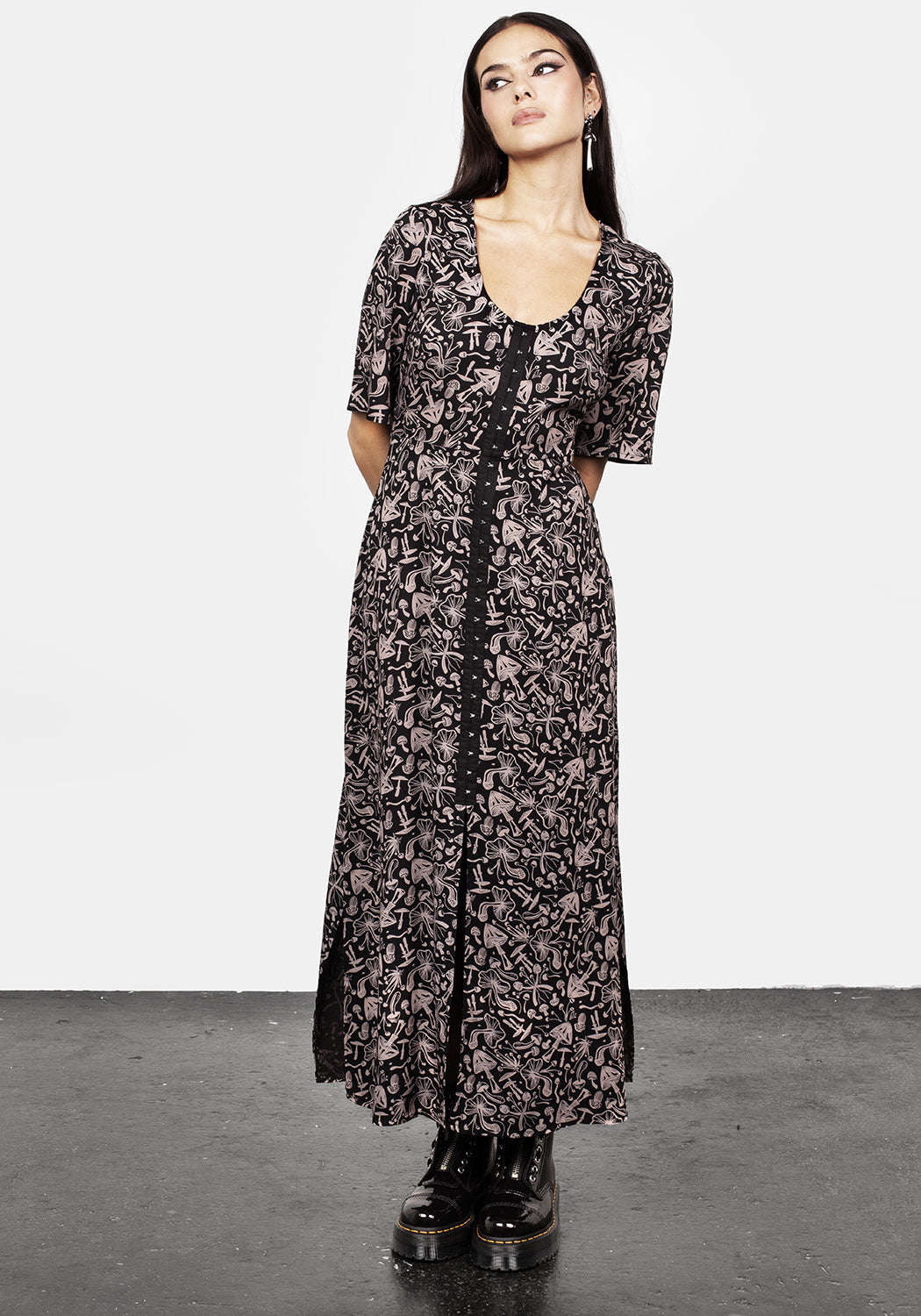 Stylish Mycophile Mushroom Print Split Maxi Dress for Women | Boho Floral Summer Dress | Perfect for Beach, Vacation & Casual Outings