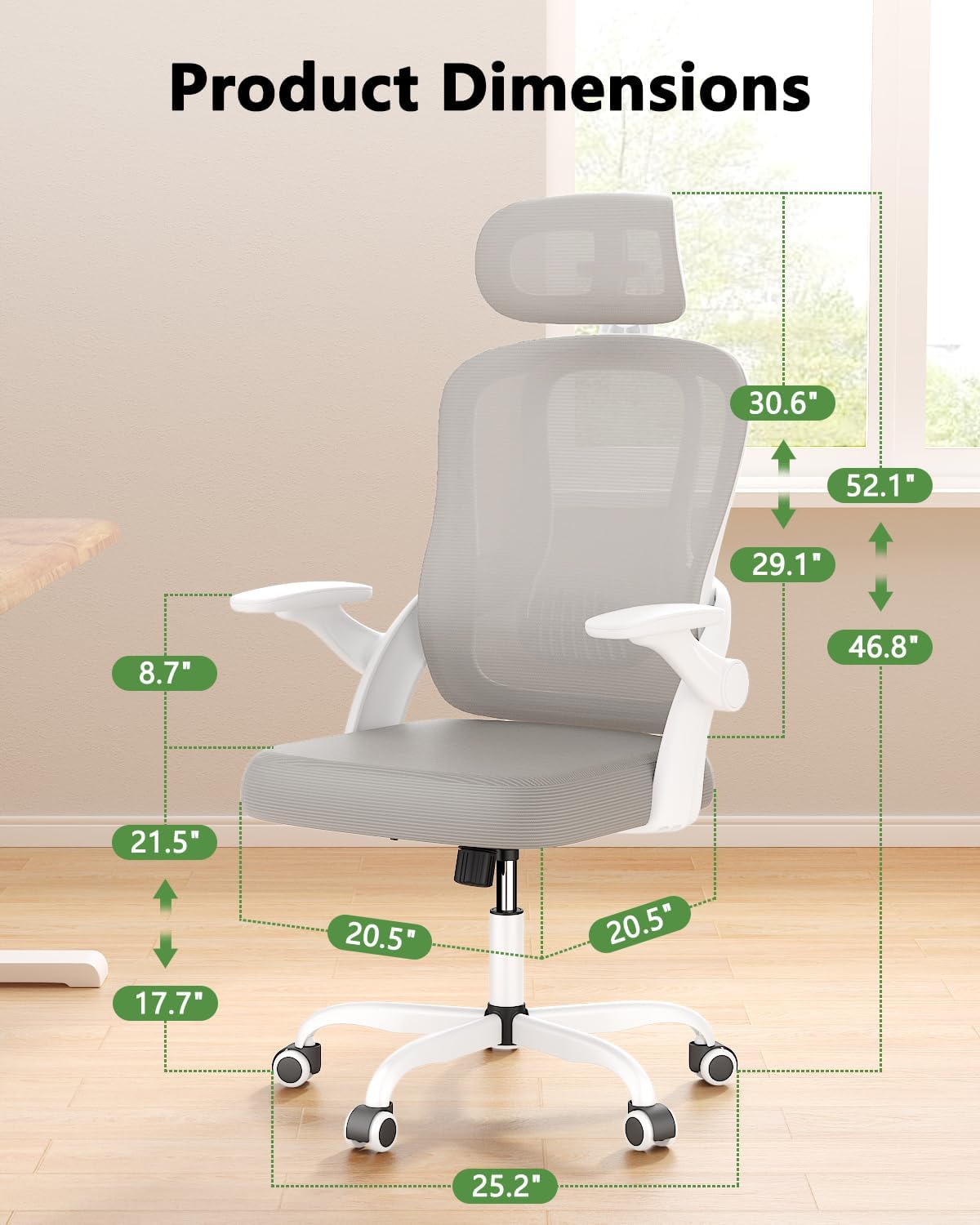 Ergonomic High Back Office Chair with 3D Adjustable Armrests & Lumbar Support - Breathable Mesh Computer Desk Chair with Adjustable Headrest - Perfect for Home Office, Gaming, Studying & Remote Work