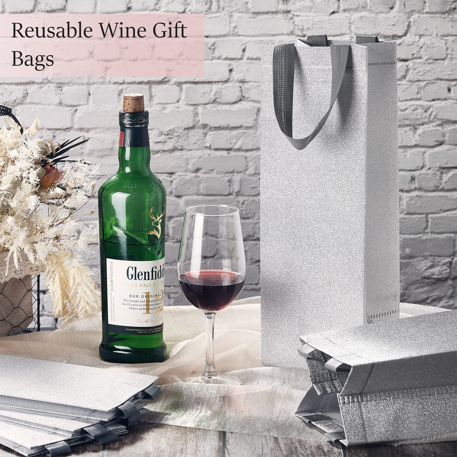 Woanger 48 Pcs Reusable Metallic Glitter Wine Gift Bags with Handles - Non Woven Bottle Bags for Holiday Gifts, Wedding Favors, Housewarming Parties & Special Occasions | Perfect for Christmas, Anniversary & Birthday Celebrations