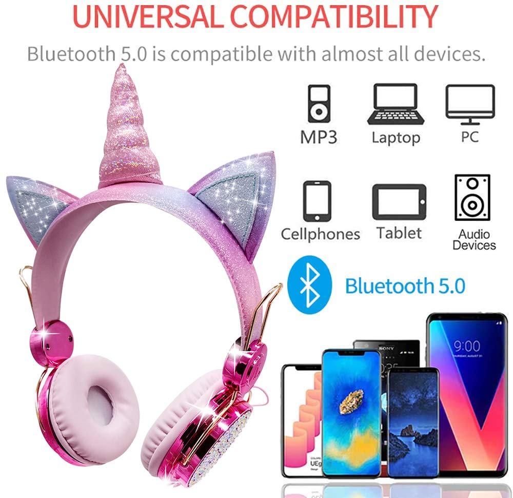 Wireless Unicorn Headphones for Kids - Bluetooth Headset with Microphone, Adjustable Headband & Over-Ear Design - Perfect for Online Learning, School, Kindle, Tablet & PC Use - Cute Girls Headphones for Studying, Gaming & Travel