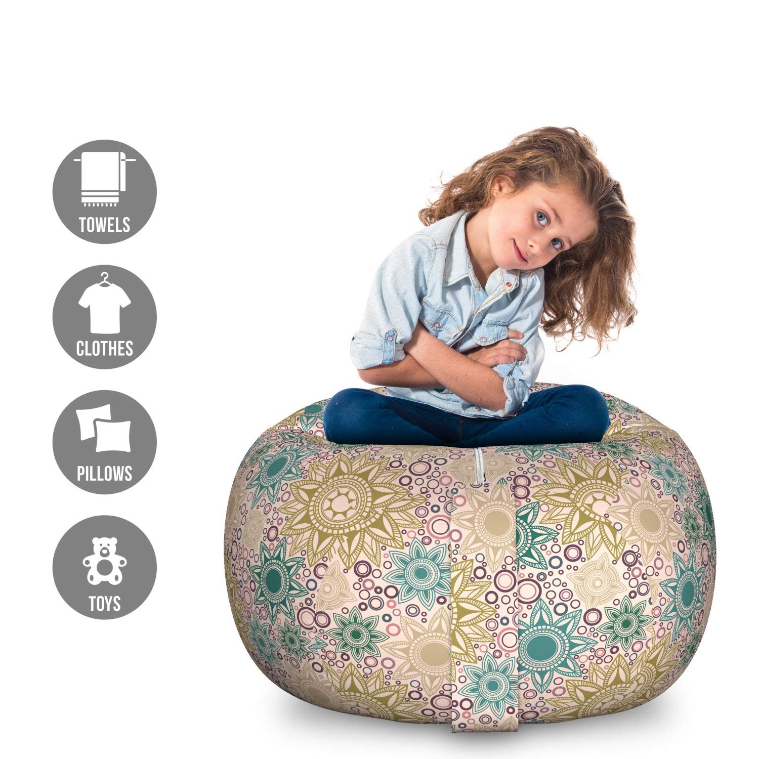 Ambesonne Mandala Storage Toy Bag Chair - Large Washable Stuffed Animal Organizer with Oriental Floral Circle Pattern | Perfect for Kids' Room, Nursery & Playroom Organization