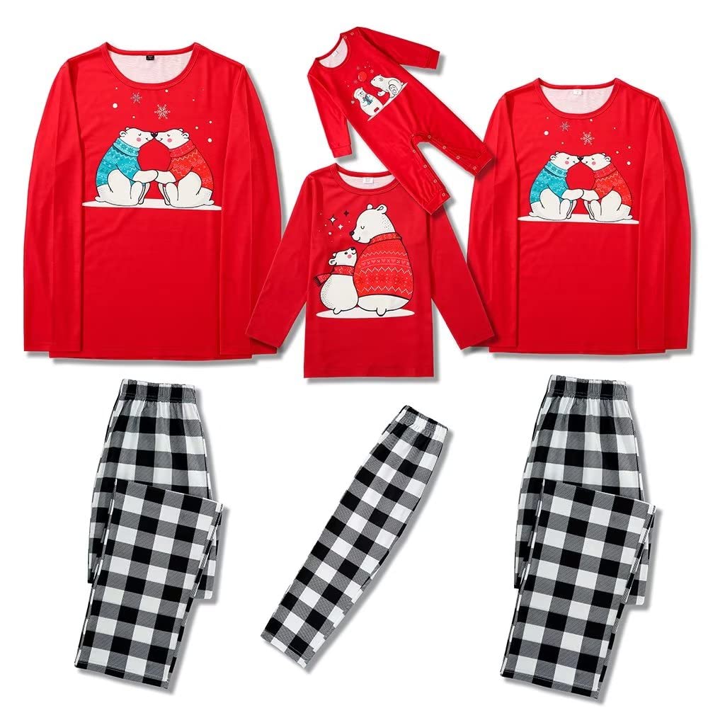 Family Matching Christmas Pajamas Sets - Bear Print Long Sleeve Crew Neck T-Shirt & Plaid Pants Holiday Sleepwear for Men (Size M) | Cozy Winter Pajama Set for Family Photos, Christmas Morning & Festive Lounging