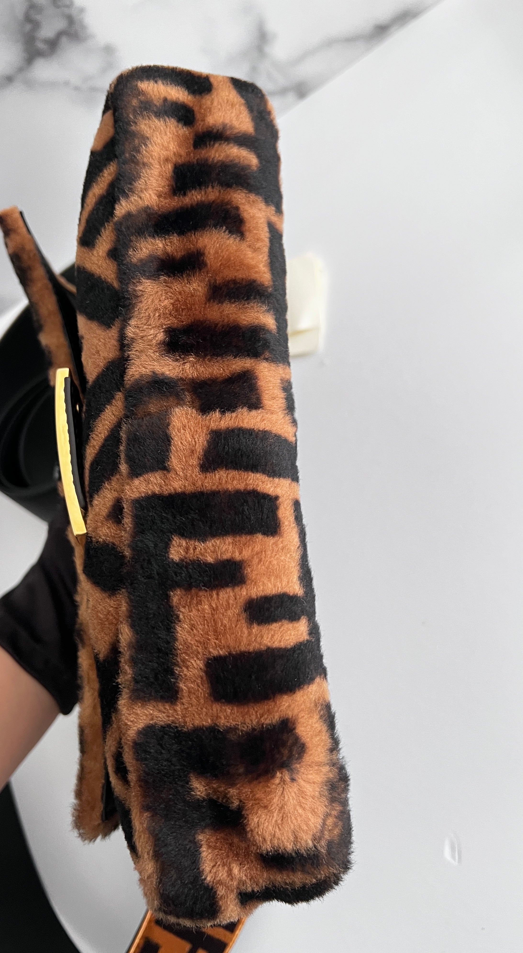 Fendi FF Shearling Baguette Bag with FF Velvet Strap - Luxury Crossbody Purse for Women, Perfect for Parties, Dates & Everyday Use