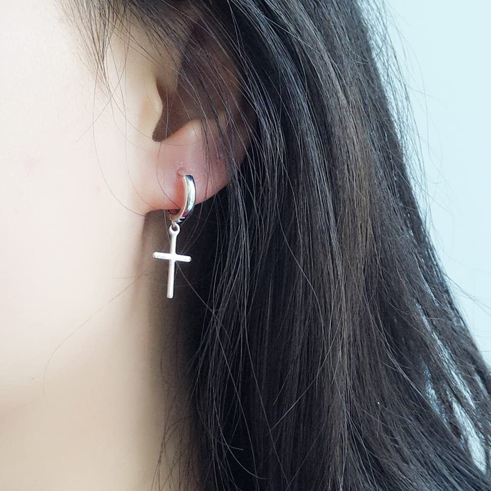 Silver Stainless Steel Inverted Cross Earrings for Men & Women - Upside Down Asymmetric Chain Dangle Hoop Earrings | Trendy Punk & Kpop Style Jewelry for Concerts, Parties & Gothic Fashion