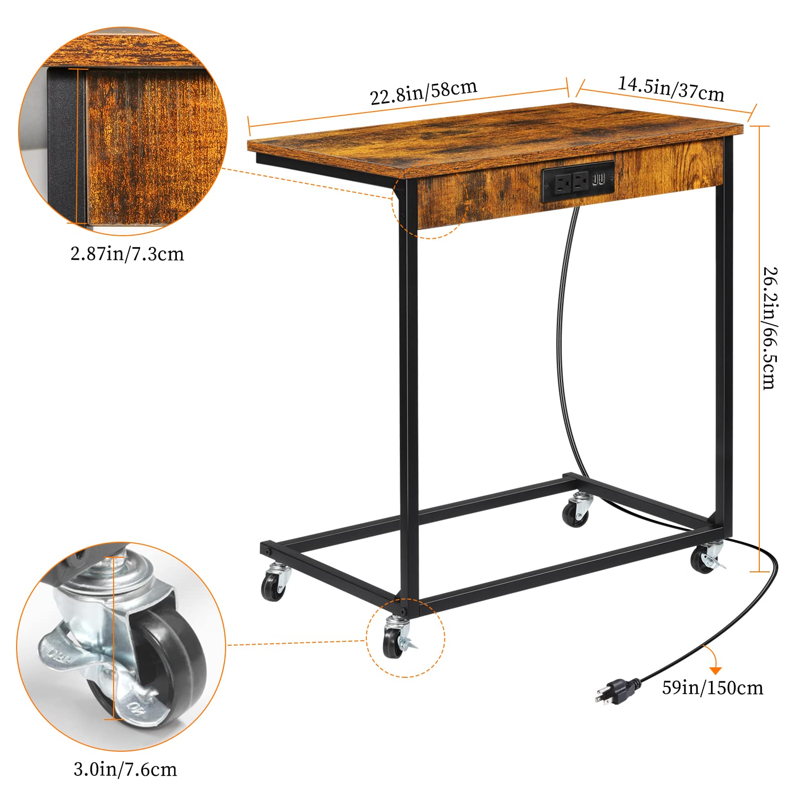 NORCEESAN C-Shaped End Table with USB Ports & Outlets - Mobile Snack Table for Sofa, Bedside & Living Room - Charging Station Side Table for Laptop, Phone & Devices - Farmhouse Brown - Perfect for Small Spaces, Apartment Living & Home Office Use