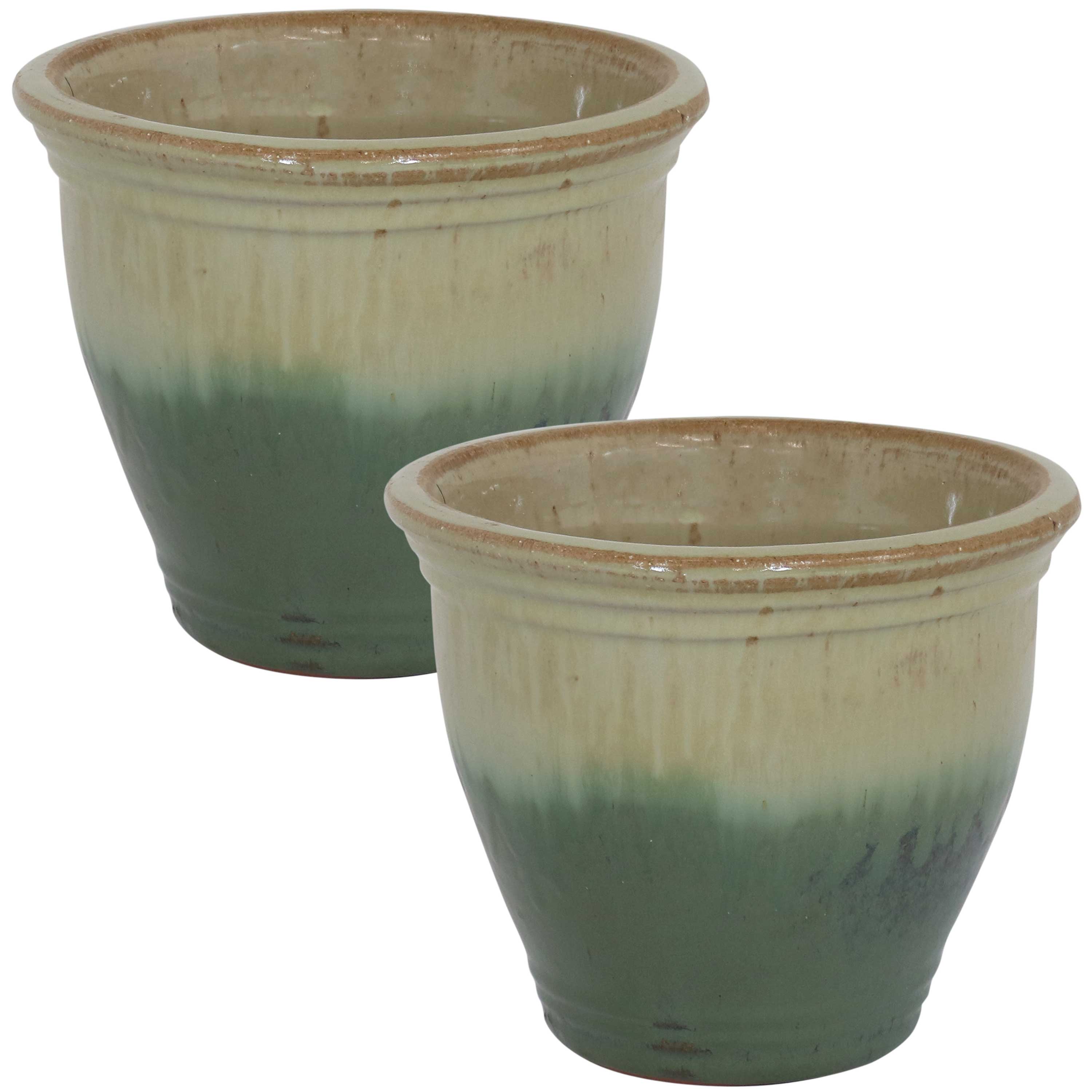 Sunnydaze Studio Glazed Ceramic Plant Pots with Drainage Holes - Set of 2, Indoor Outdoor Flower Planters for Home Garden, Patio, Balcony Decor