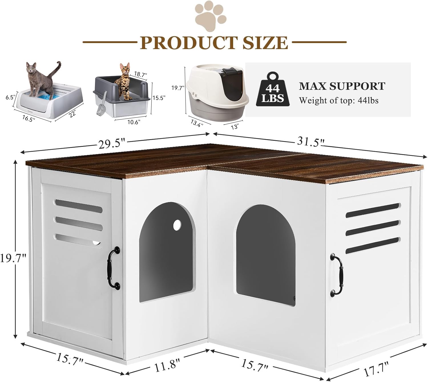 Hidden Litter Box Furniture for 2 Cats - Corner Litter Box Enclosure Cabinet with Double Room, Indoor Cat House End Table (31.5 x 17.7 x 19.7 Inches, White) - Perfect for Small Spaces & Living Room Discretion