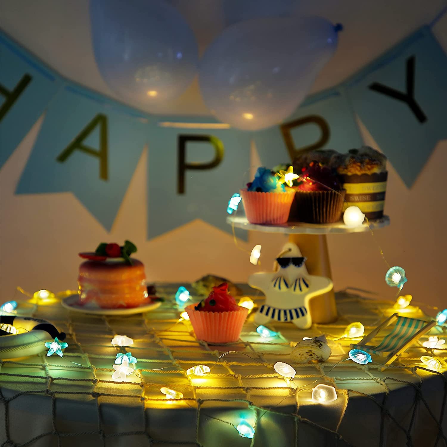 Ocean Themed Fairy String Lights - 10 FT 30 LED Battery Operated Decorative Lights with Starfish & Seashell Design, 8 Lighting Modes for Summer Room Decor, Beach Party, Bathroom, Nursery, Outdoor Patio & Wedding Decorations