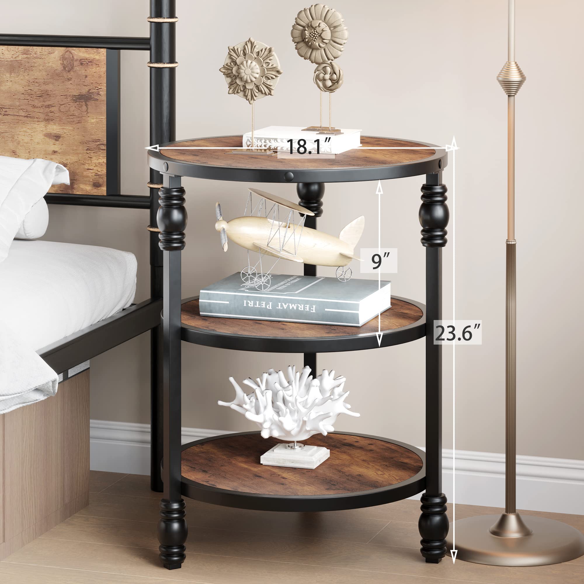 GARVEE 3-Tier Round End Table with Storage Shelf - Sturdy Metal Legs & MDF Wood Top - Dark Oak Finish - Perfect for Living Room, Bedroom, Office or Small Spaces - Compact Side Table for Coffee, Books & Decor
