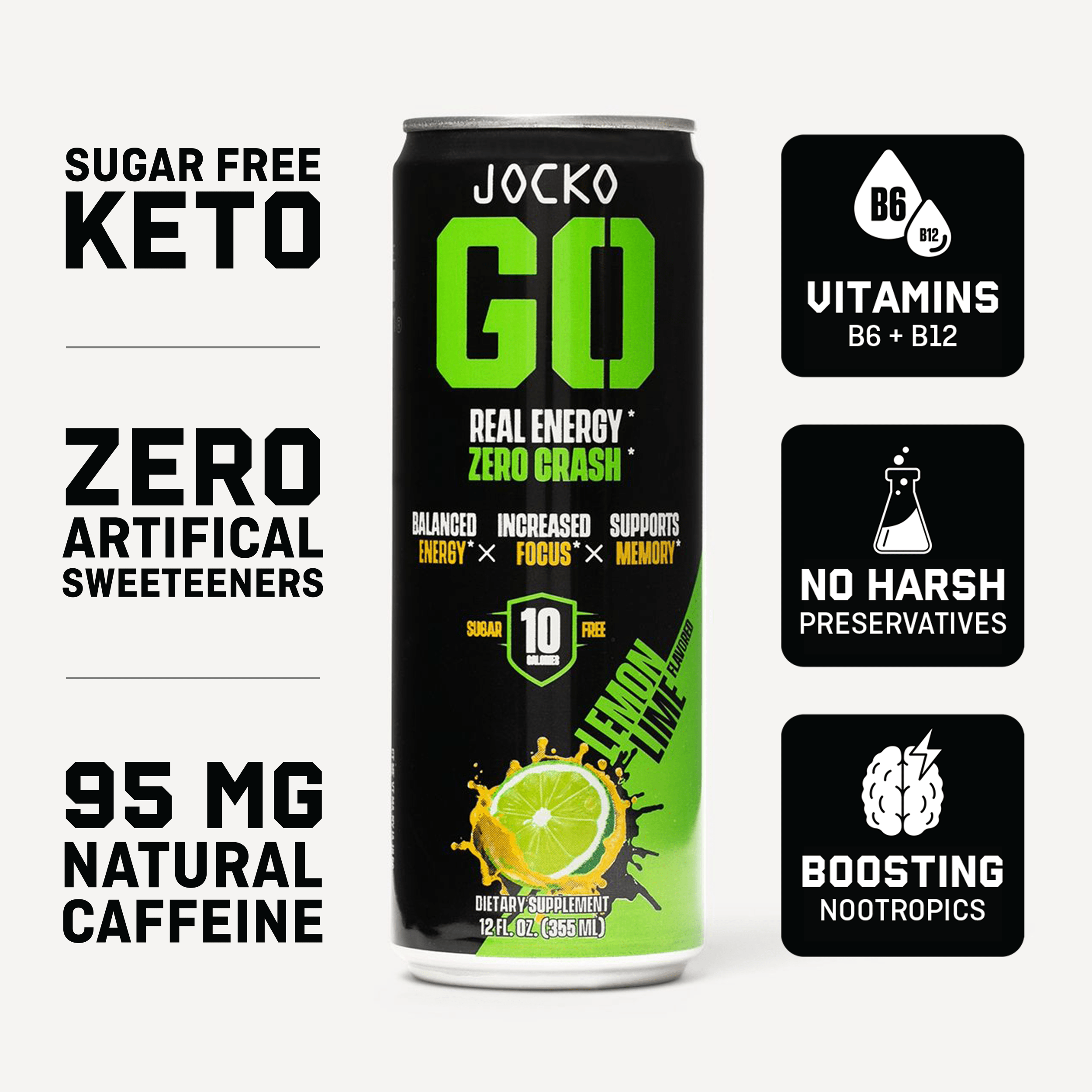 JOCKO GO Energy Drink - 12 Pack | Sugar-Free Pre Workout & Post Workout Supplement | Boost Energy & Focus for Gym, Running & Fitness