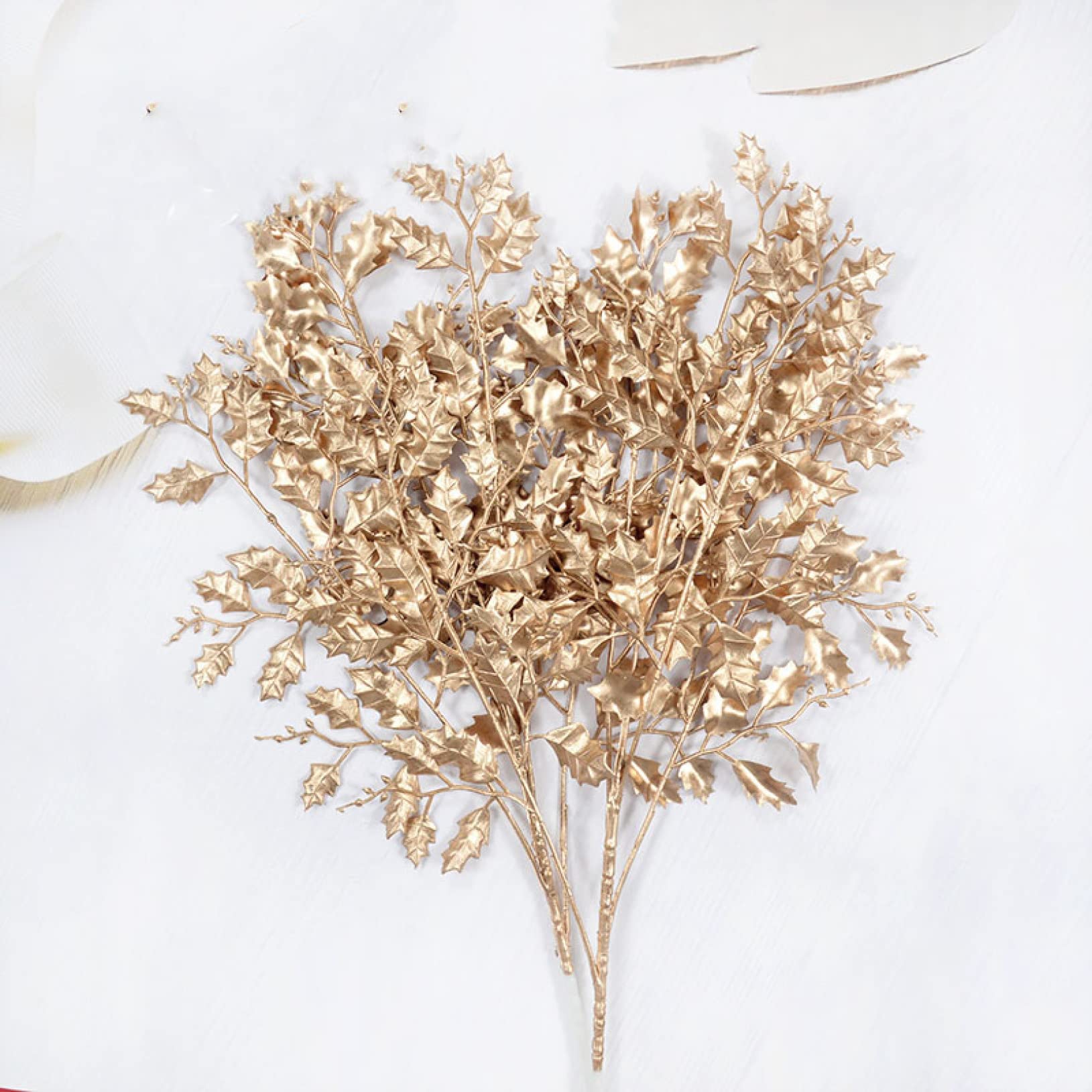 EBRICON 2 Pack Gold Artificial Eucalyptus Stems - Fake Fern Leaf Plants with Peacock Feather Branches for Vase Filler, Home Decor, Wedding Centerpieces & Christmas Party Decoration | Perfect for Table Settings, Mantel Displays and Seasonal Arrangements