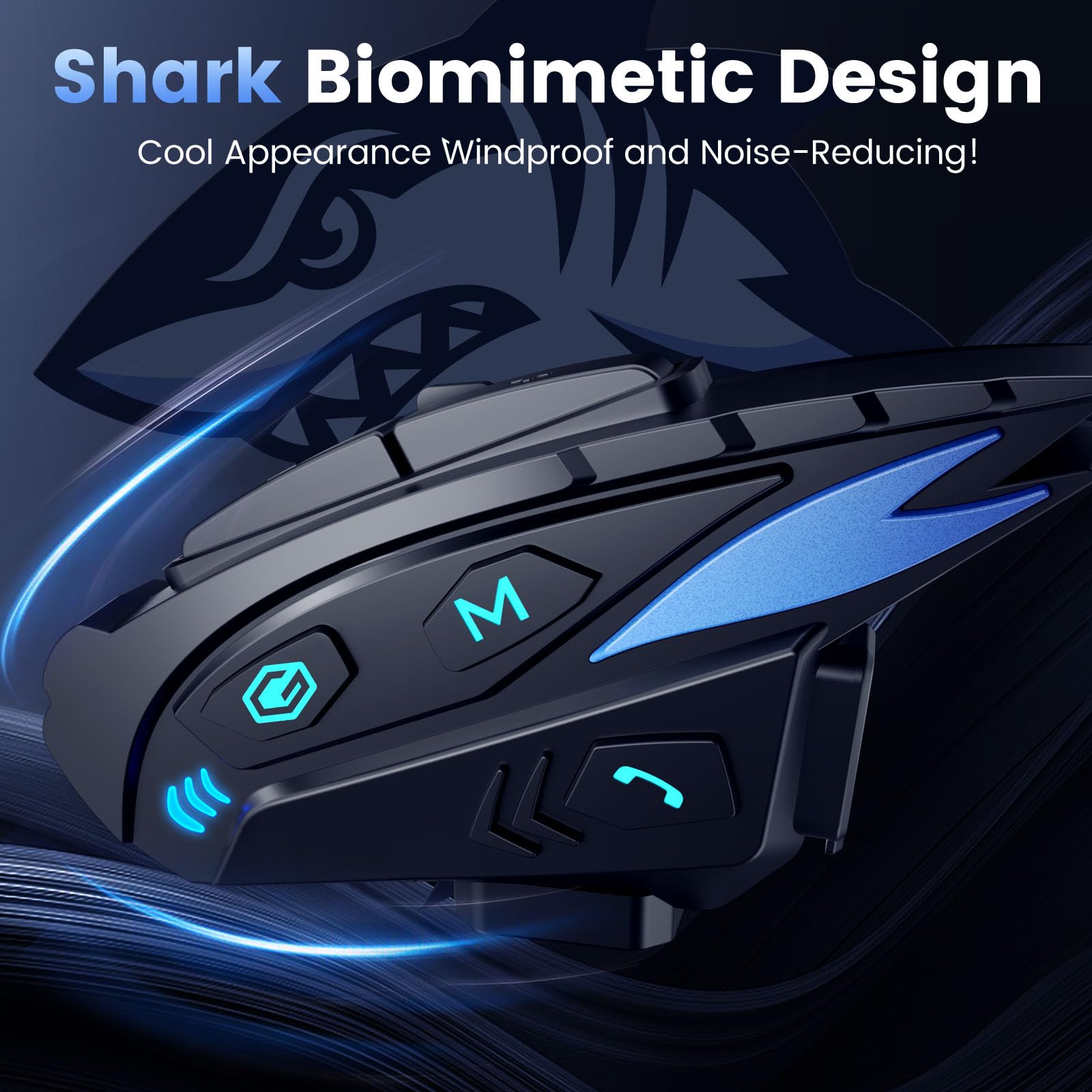 Gearelec Shark Pro Motorcycle Bluetooth Headset - Hi-Fi Speakers, 2000M Intercom for Group Riding