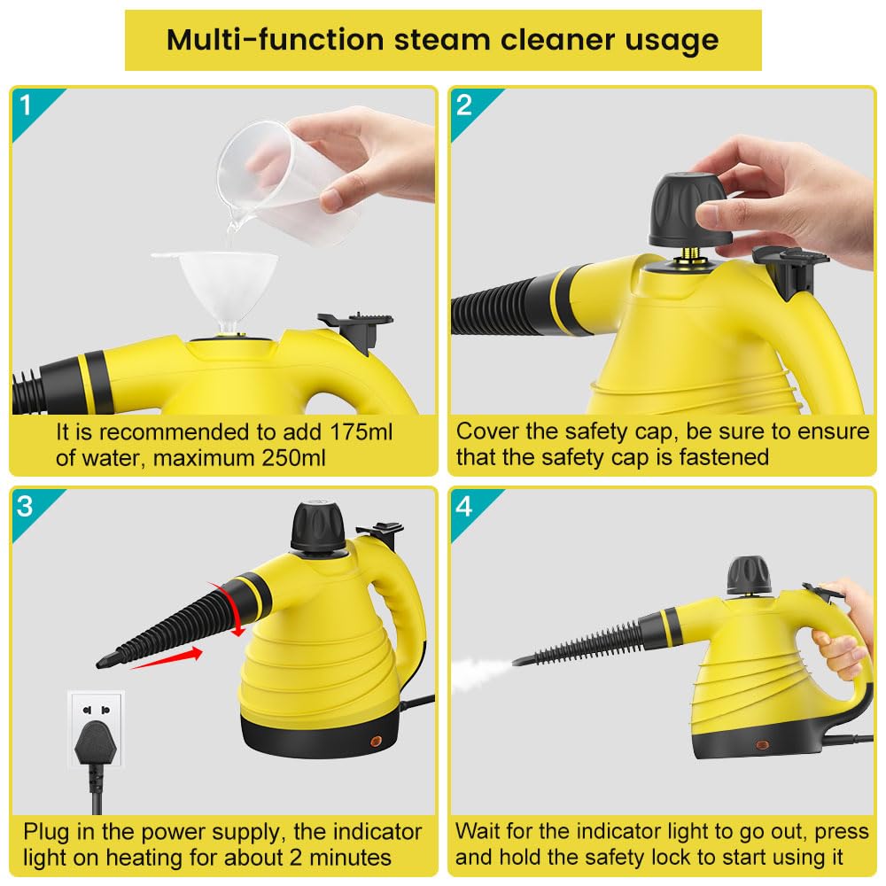 Powerful Handheld Steam Cleaner with 9 Accessories & Safety Lock - Multi-Surface Home Steamer for Car, Bathroom, Tile, Upholstery | Deep Cleaning Floors, Windows, Showers & Grout | Chemical-Free Sanitizing Solution
