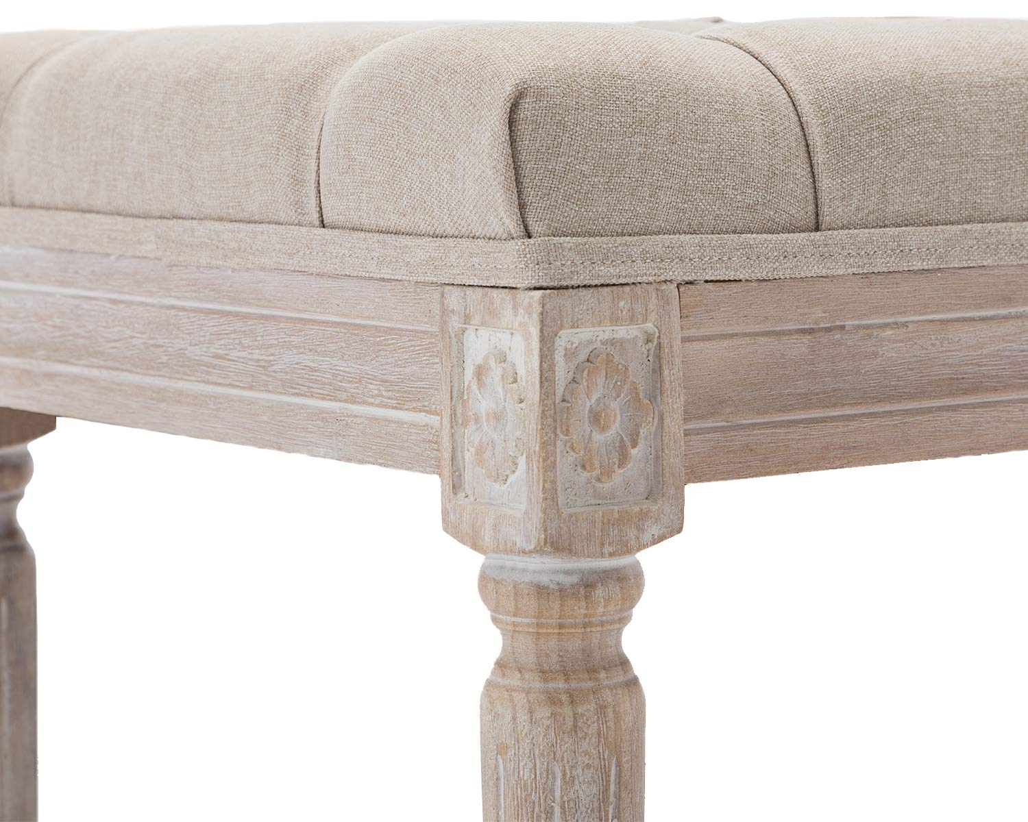 Kmax Upholstered Dining Room Bench - Rustic Living Room Ottoman with Carved Pattern & White Brushed Rubber Wood Legs, Beige - Perfect for Farmhouse Dining Sets, Entryway Seating or Bedroom Decor
